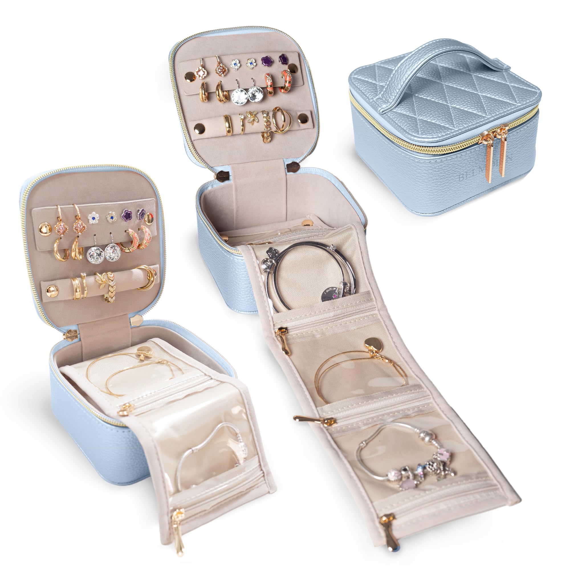 Premium Leather Travel Jewelry Organizer Case - Anti-Tangle Jewelry Storage Box for Women - Portable Jewelry Holder with Multiple Compartments - Perfect for Vacation, Business Trips & Daily Use (Sky Blue)