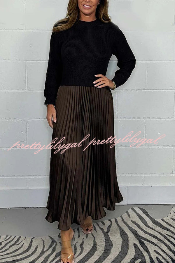 Stylish Knitted Round Neck Long Sleeve Patchwork Pleated Hem Maxi Dress for Women | Elegant Boho Chic Winter Dress | Perfect for Holiday Parties, Date Nights & Casual Outings