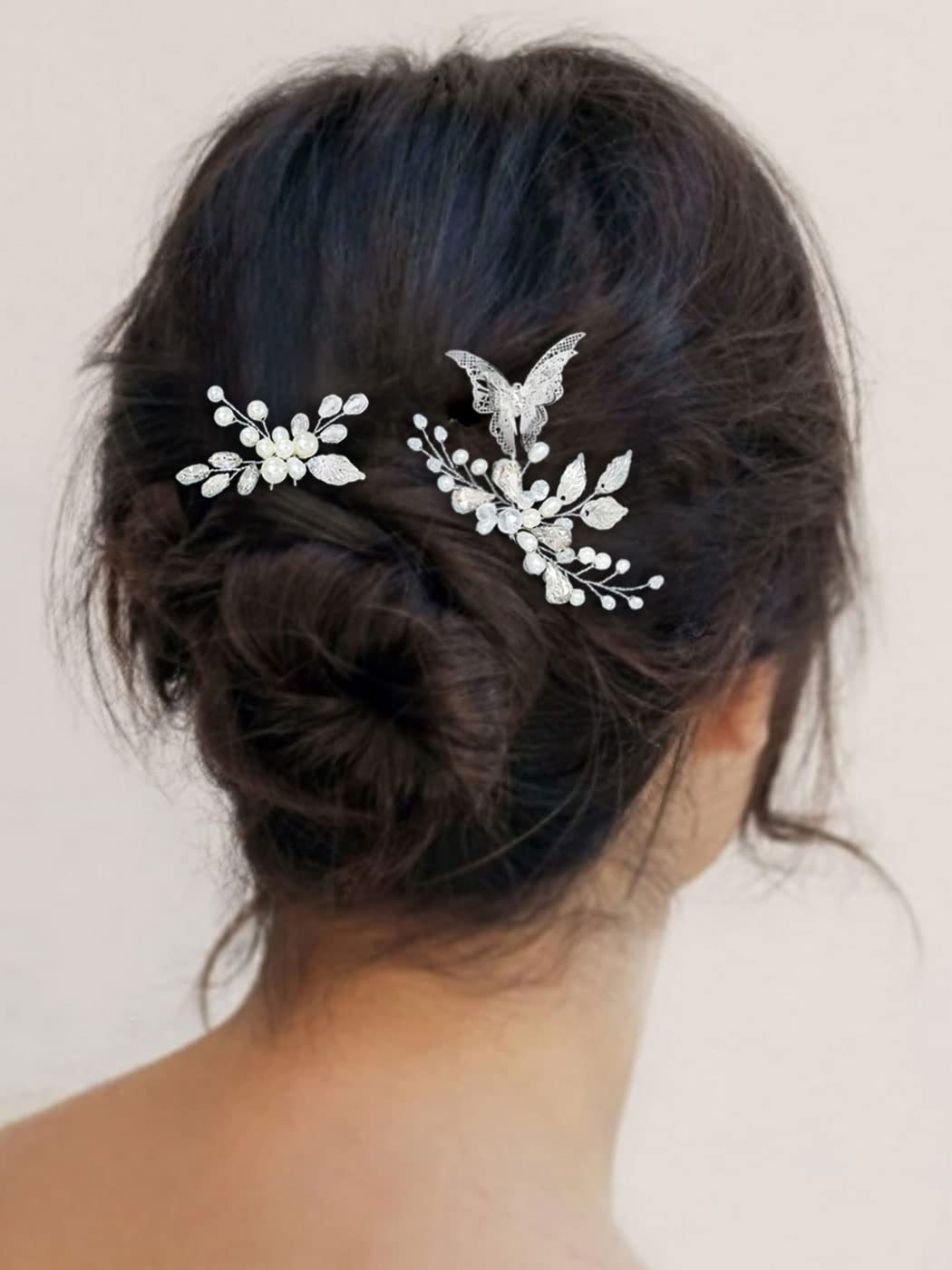 Silver Pearl Bridal Hair Pins with Butterflies & Crystals for Weddings & Parties (Pack of 2)