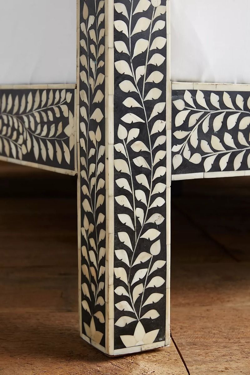 Handmade Bone Inlay Canopy Platform Bed Frame - Queen Size Black Wooden Bed for Master Bedroom Decor | Luxurious Boho Chic Style Bedroom Furniture for Home & Hotel Use
