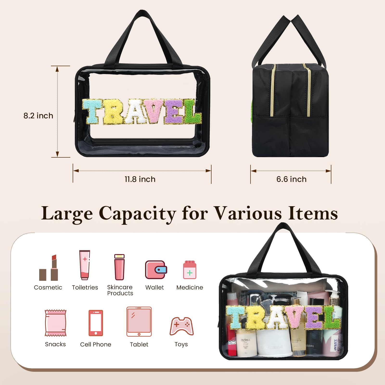 Yowivon Extra Large Waterproof Travel Pouch for Toiletries & Makeup - Clear TSA-Approved Cosmetic Bag for Sunscreen, Skincare & Snacks - Perfect for Beach, Camping, Business Trips, Swimming & Stadium Events (Black, XL)