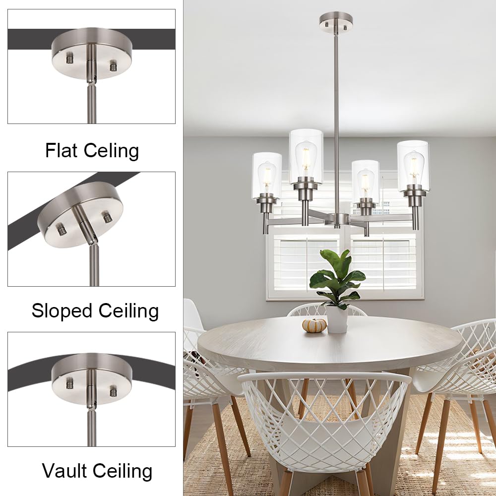 VINLUZ 4-Light Modern Chandelier - Brushed Nickel Pendant Lighting with Clear Glass Shades - Contemporary Ceiling Light Fixture for Dining Room, Kitchen & Living Room - Perfect for Home Decor, Interior Lighting and Modern Housewarming Gifts