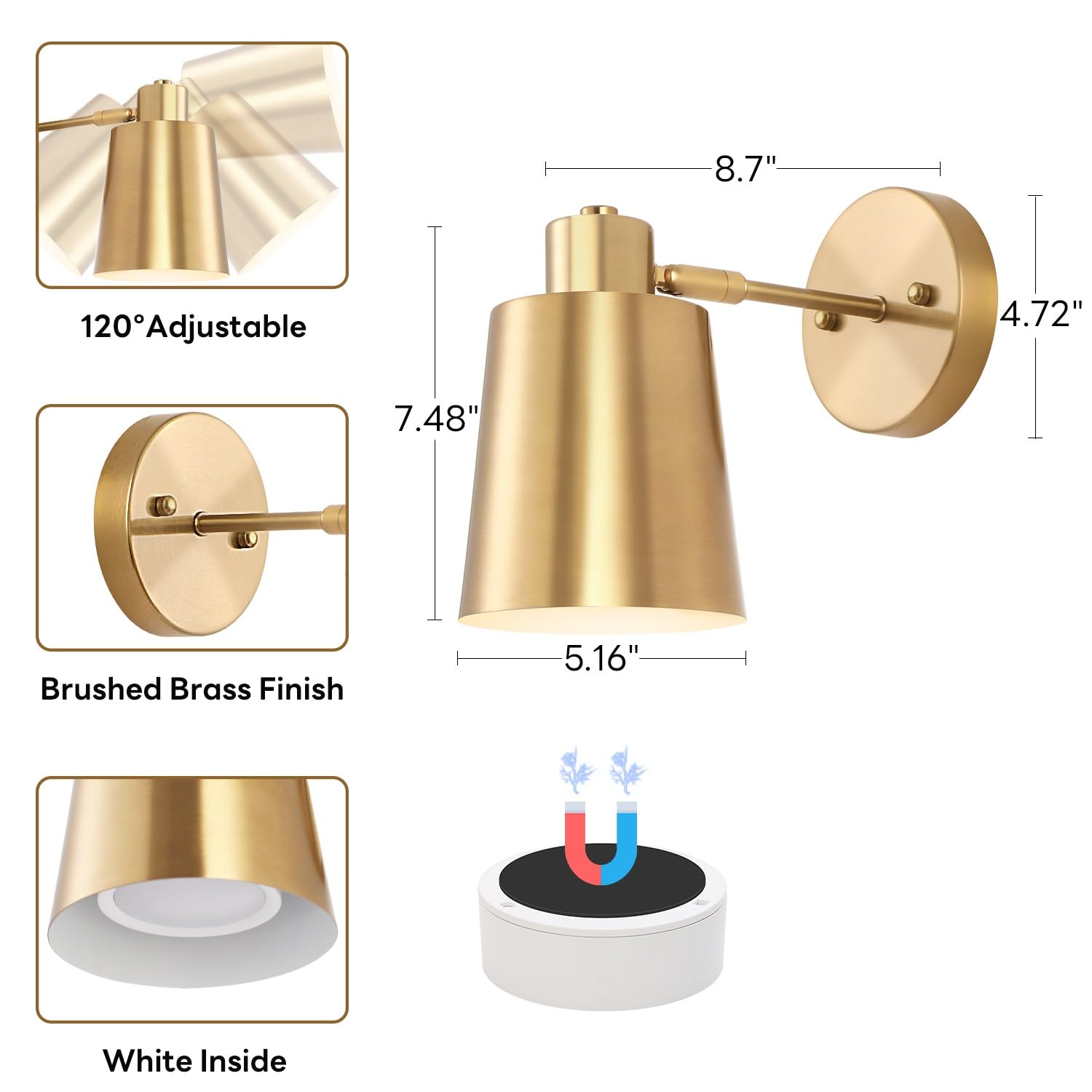 Battery Operated Wall Sconce - Wireless Remote Control Wall Lights, Set of 2 Gold Wall Sconces for Bedroom & Living Room - Perfect for Bedside Lighting, Hallway Decor, and Cozy Ambience