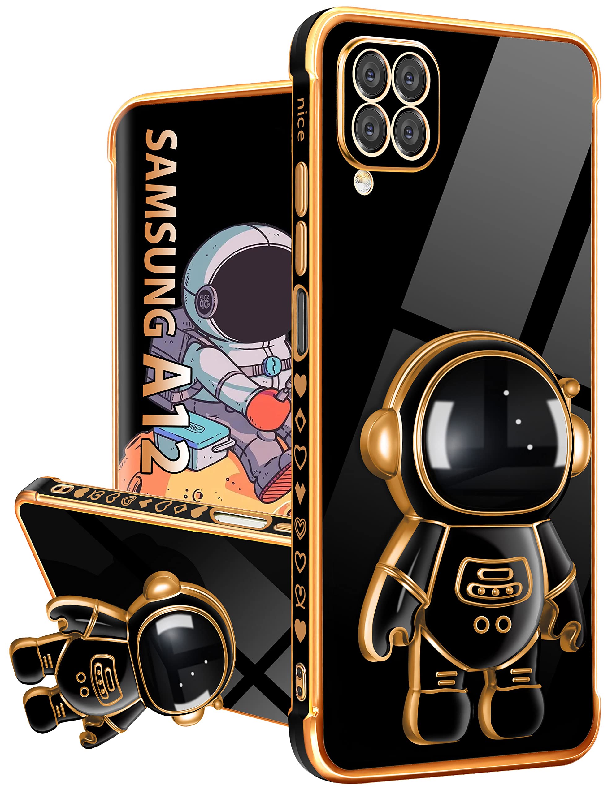 Samsung Galaxy A12 Case with Astronaut Stand - 6D Cute Spaceman Love Heart Gold Plating Phone Cover for Women & Girls | Kickstand, 6.5 Inch Black | Perfect for Everyday Use, School & Travel