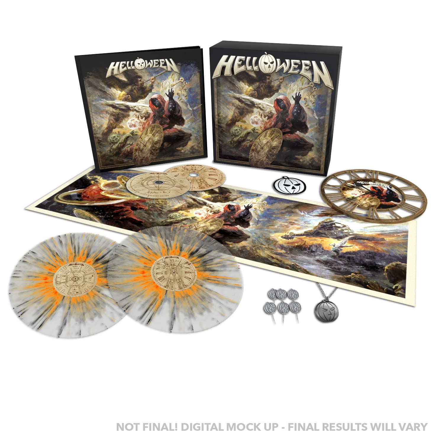 **Helloween Limited Edition Vinyl LP - Orange & Black Splatter with Bonus Collectibles (Clock, Album Cover Print, Pins, Chain, Patch & Certificate) - Perfect for Halloween Decor & Music Collectors**