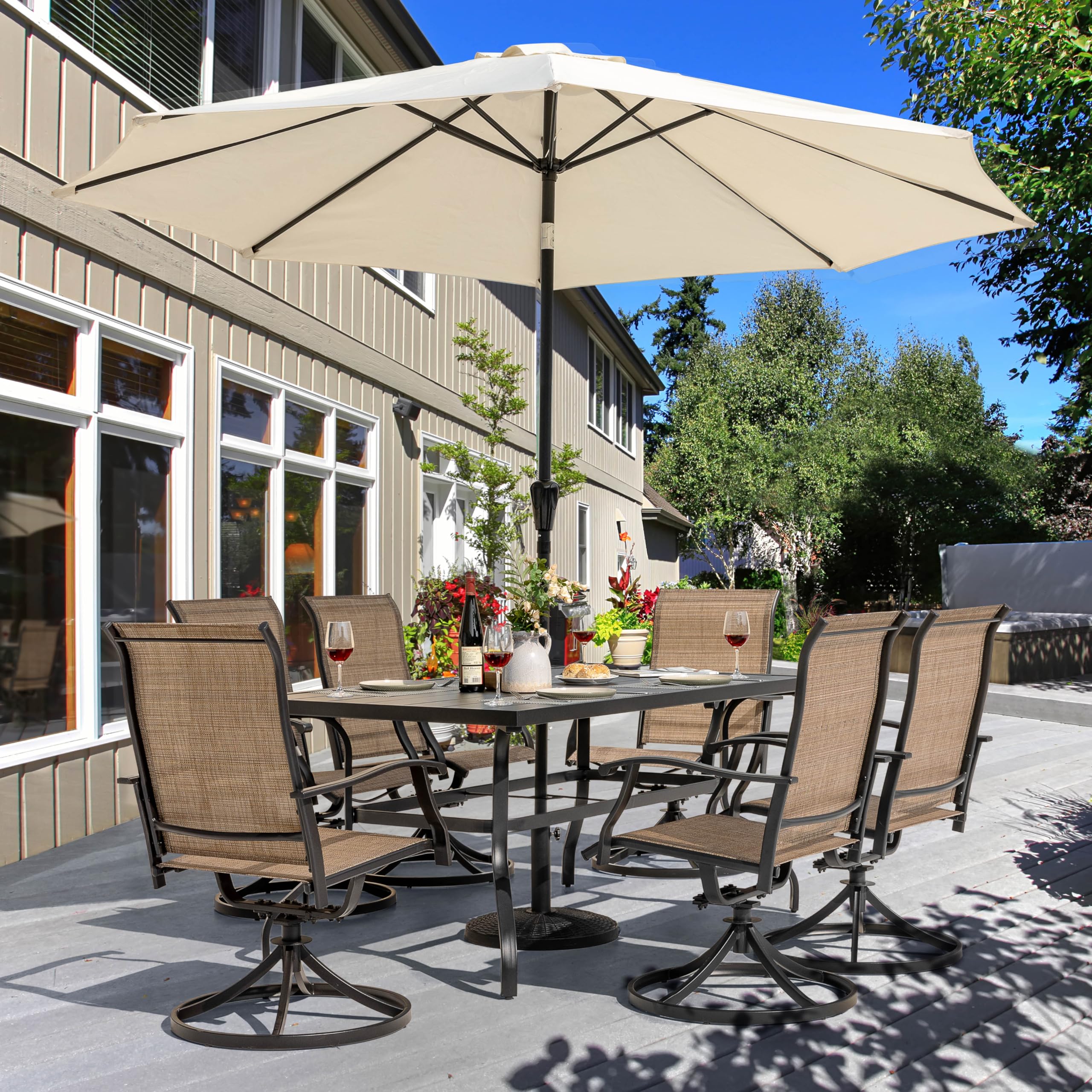 NUU GARDEN 7-Piece Outdoor Dining Set - Black & Brown Iron Patio Furniture with 6 Swivel Chairs & 1 Table (1.57