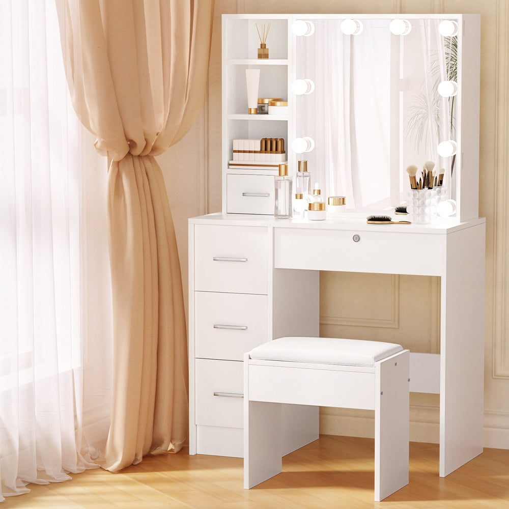 Dylan White Dressing Table Set with Stool & 10 LED Bulbs - Vanity Makeup Desk for Bedroom, Beauty Salon & Home Decor