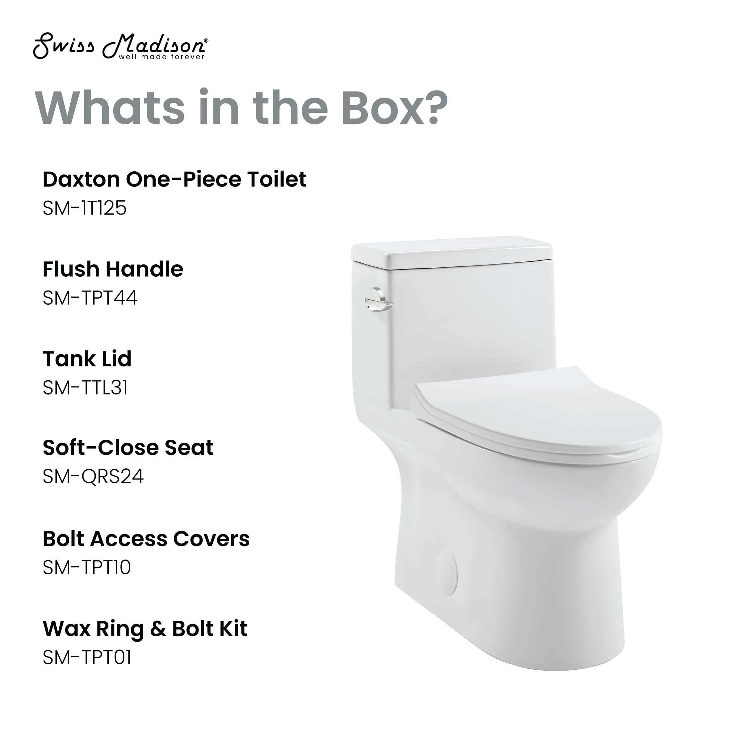 Swiss Madison SM-1T125 Daxton One Piece Elongated Toilet 1.28 GPF - Water Efficient Modern Bathroom Toilet for Home & Commercial Use