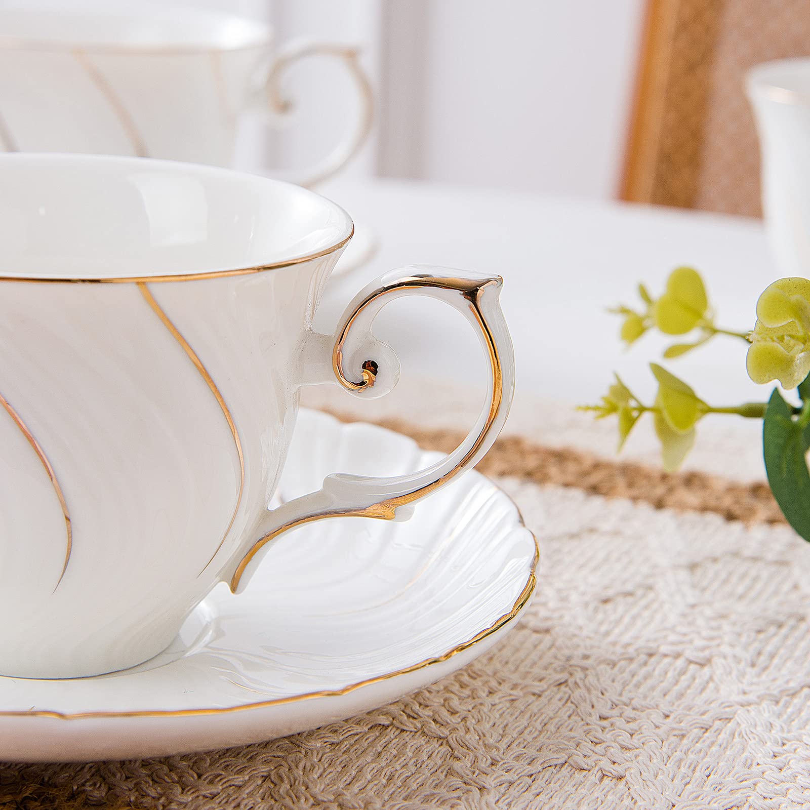 6-Piece Porcelain Tea Cup and Saucer Set - 6oz Elegant White with Gold Trim for Tea, Coffee, Latte, Mocha - Perfect for Afternoon Tea Parties, Bridal Showers, and Cafe Dining