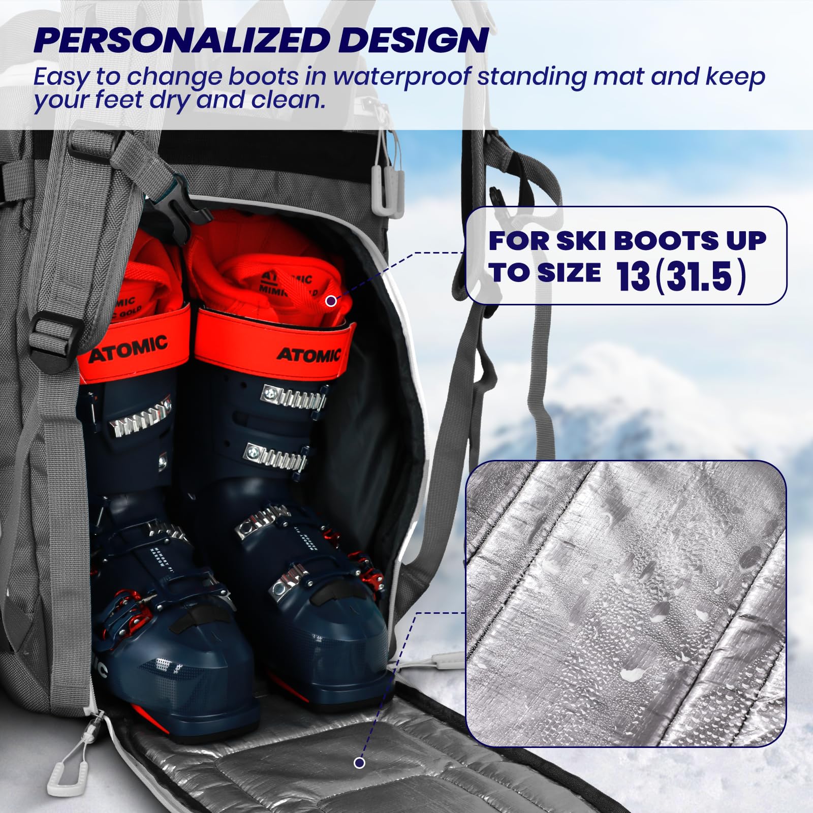 **55L Waterproof Ski Boot Backpack - 1680D Nylon Durable Travel Bag for Ski Helmet, Goggles, Gloves & Snowboard Accessories | Perfect for Ski Trips & Winter Sports Gear Storage**