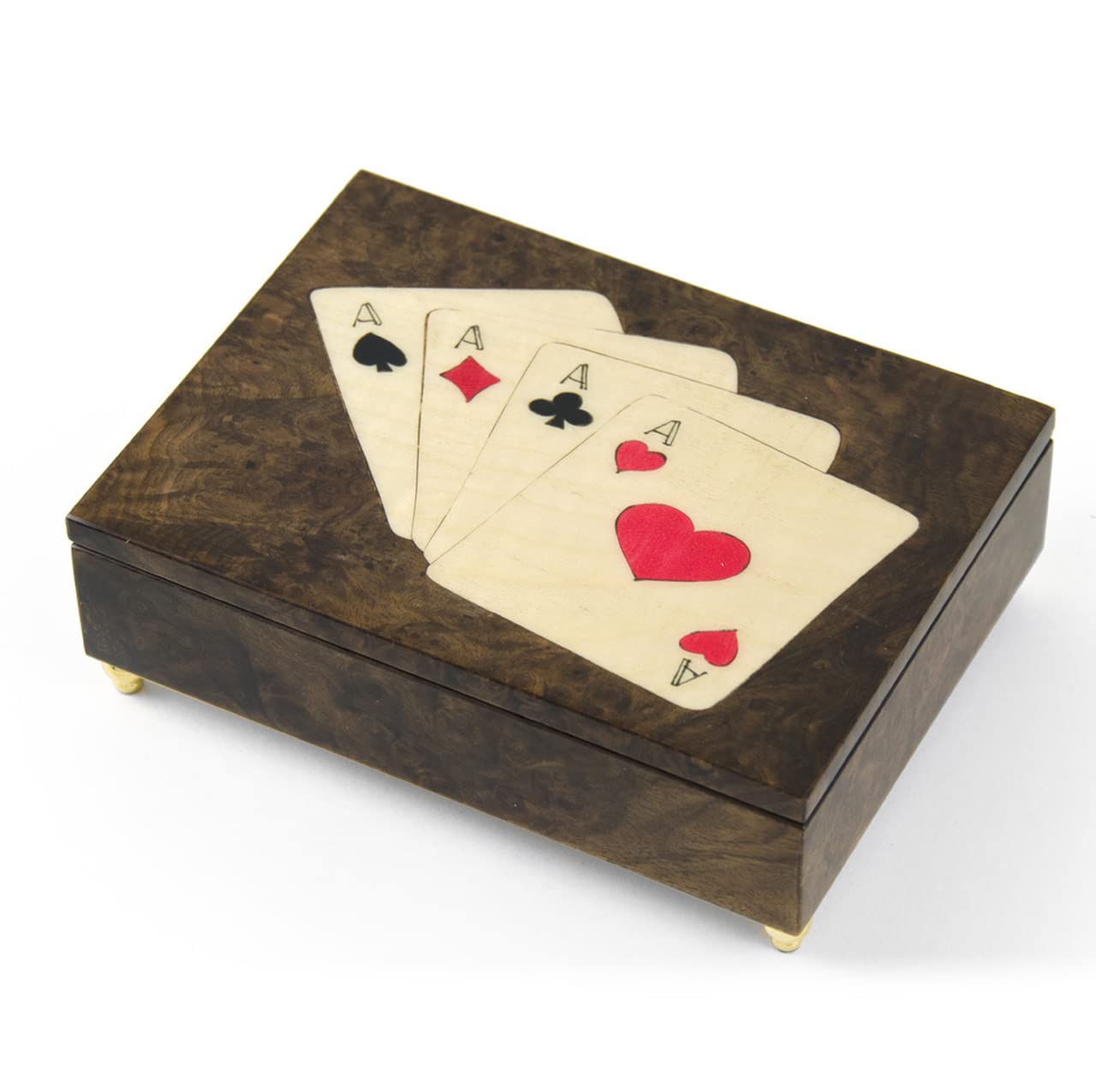Handcrafted Italian Poker Theme 4 of a Kind ACES Music Box - Premium Wooden Inlay, Multiple Song Options (Including Take Me Out to The Ball Game) - Perfect Gift for Poker Lovers & Casino Enthusiasts