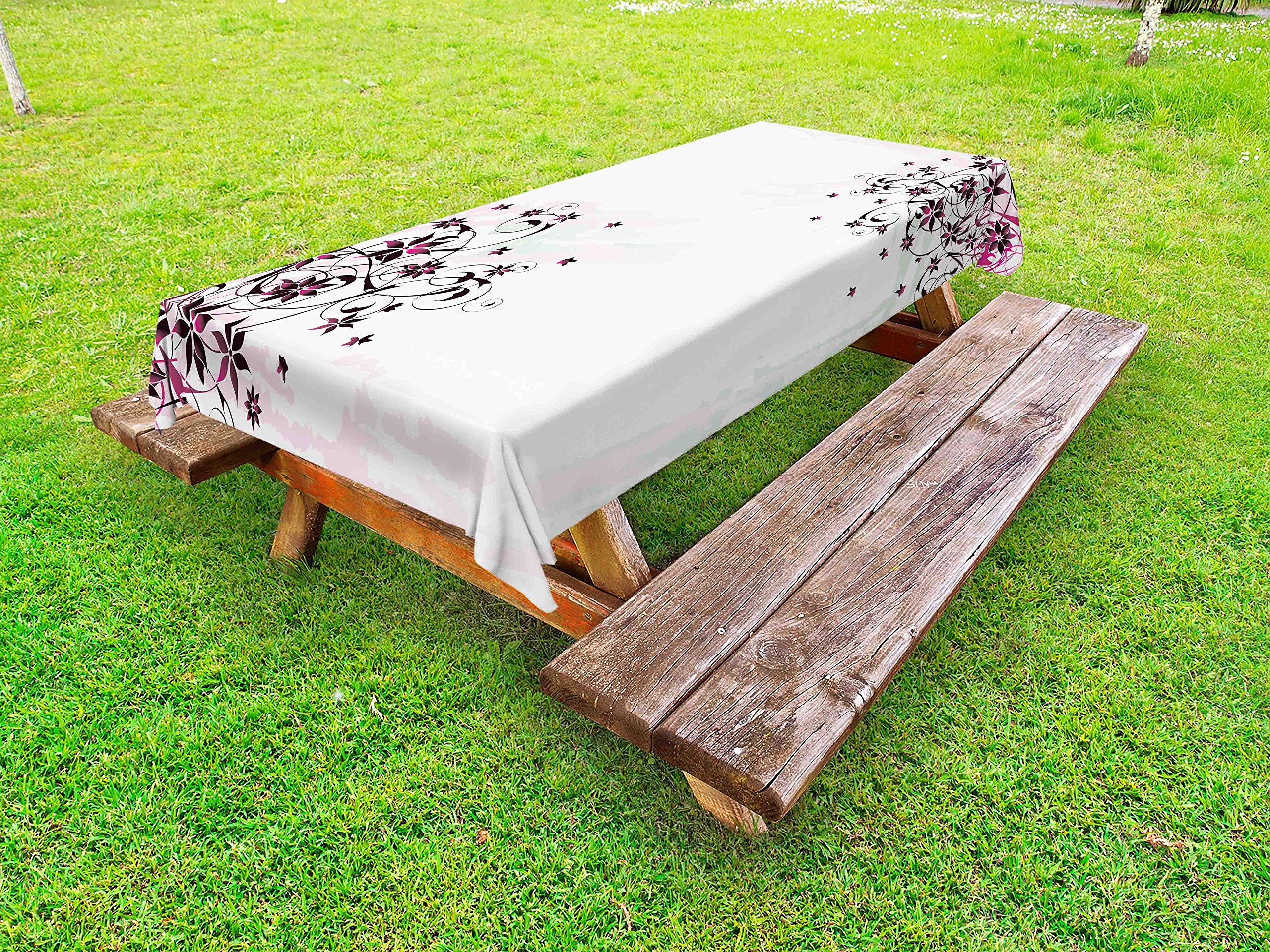 Ambesonne Floral Outdoor Tablecloth - Grunge Flower Motif with Swirled Leaves, Washable Picnic Table Cover 58