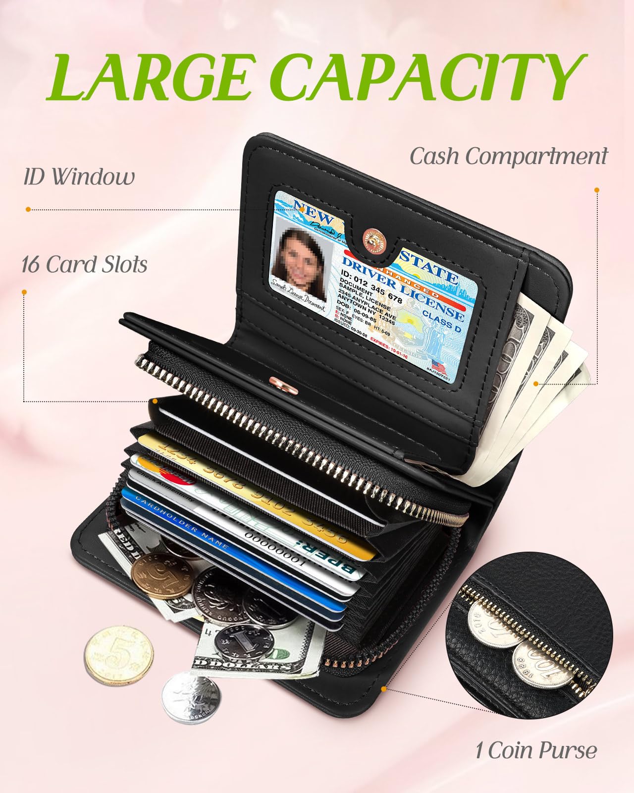 Stylish RFID Blocking Leather Credit Card Holder Wallet for Women - Cute Bee Print Accordion Purse with Zipper - Perfect for Teens & Ladies (Small/Medium) - Ideal for Everyday Use, Travel & Gift Giving