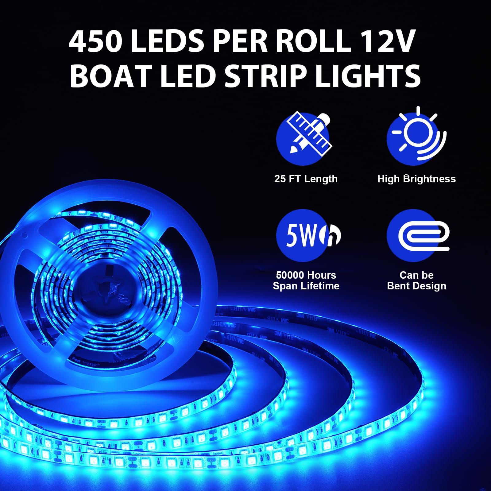 50ft Marine LED Strip Lights 12V Waterproof - Blue Pontoon Boat Lights for Deck, Interior, Kayak, Jon Boat, Bass & Fishing Boats | Perfect for Night Fishing, Party Lighting & Watercraft Decoration