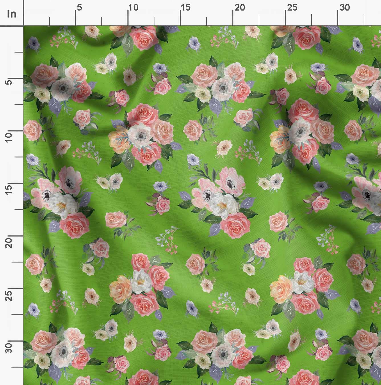 Soimoi Moss Georgette Green Floral Fabric by The Yard - 42 Inch Wide Printed Textile with Anemone & Roses Design for DIY Crafts, Dresses, Curtains & Home Decor