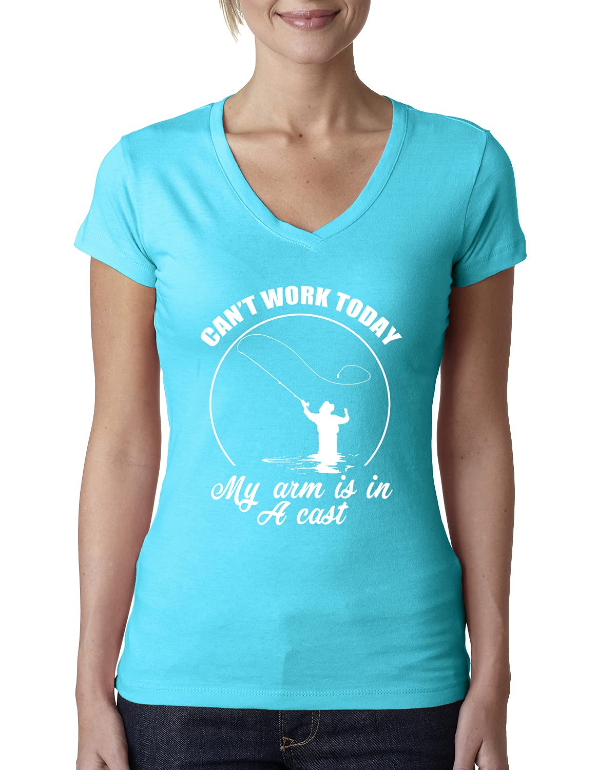 Funny Fishing V-Neck T-Shirt for Women - 'Can't Work Today My Arm is in A Cast' Slogan Tee - Comfortable Junior Fit Cotton Top - Perfect for Casual Wear, Fishing Trips & Humor Lovers
