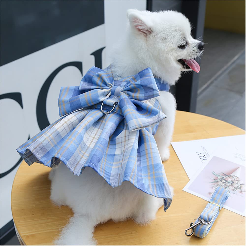 Tikwek Plaid Dog Dress with Bow Tie, Harness & Leash Set - Cute Puppy Skirt Outfit for Small Dogs (Blue, Large) | Perfect for Pet Parties, Photo Shoots & Daily Walks