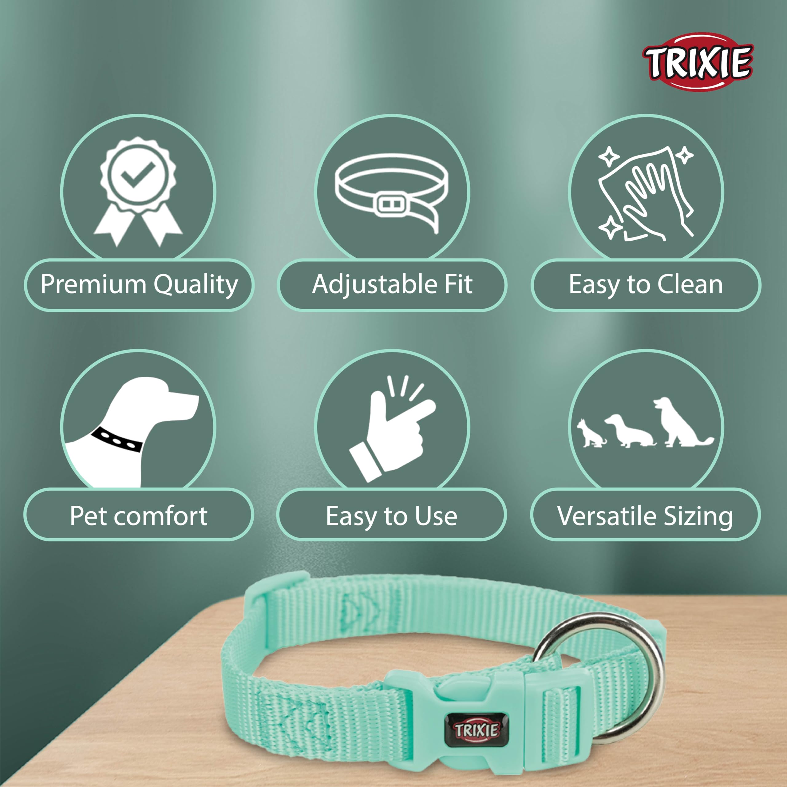 Premium TRIXIE Softline Elegance Adjustable Dog Collar - Nylon Material with Padded Buckle for Comfort (Small-Medium, Mint/Teal, 23cm x 4.5cm) - Perfect for Daily Walks, Training & Fashionable Pet Accessories