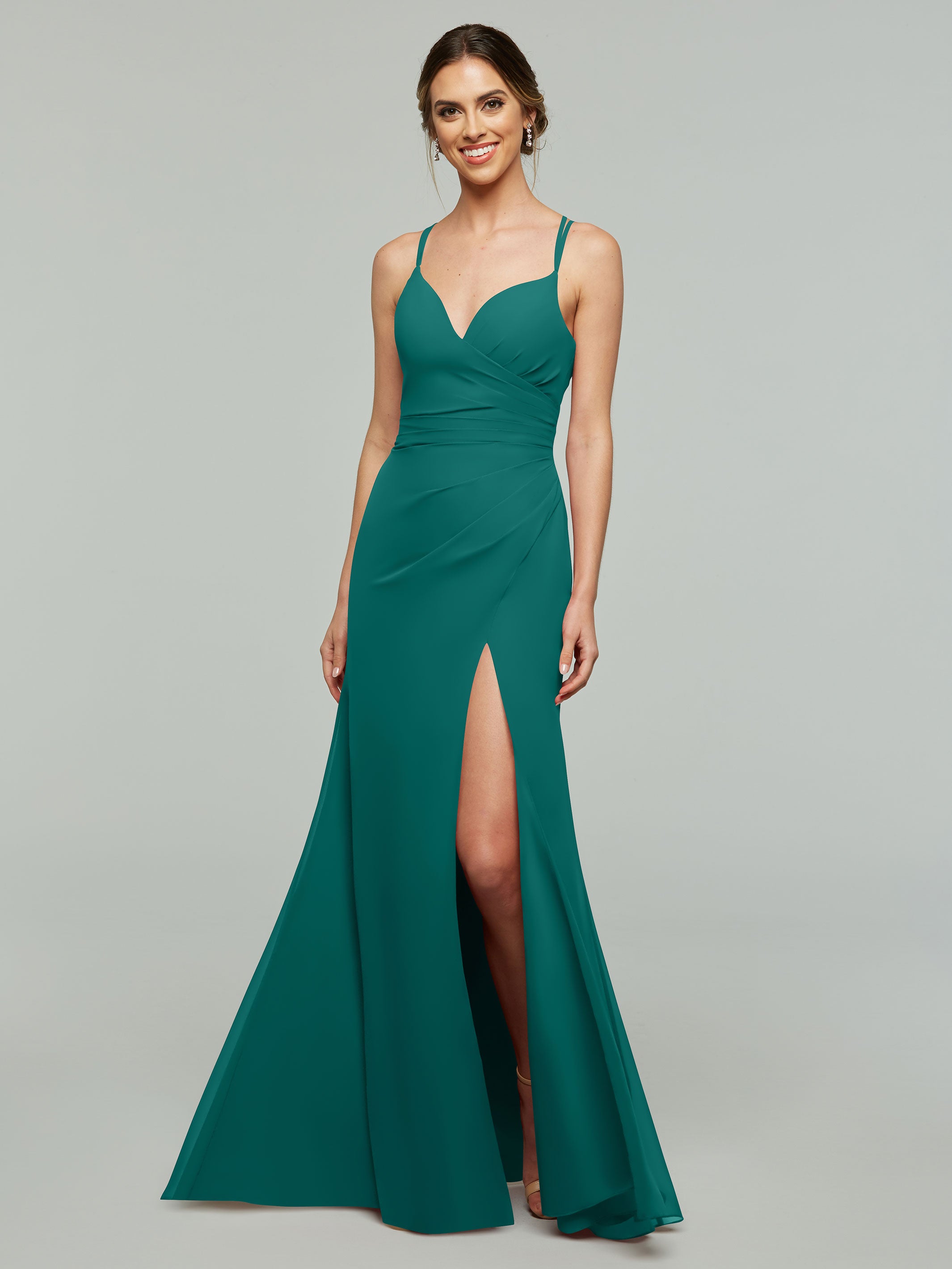 Elegant 80130 Chiffon Sheath Bridesmaid Dress - V Neck & High Slit Design for Wedding Party, Formal Events & Special Occasions
