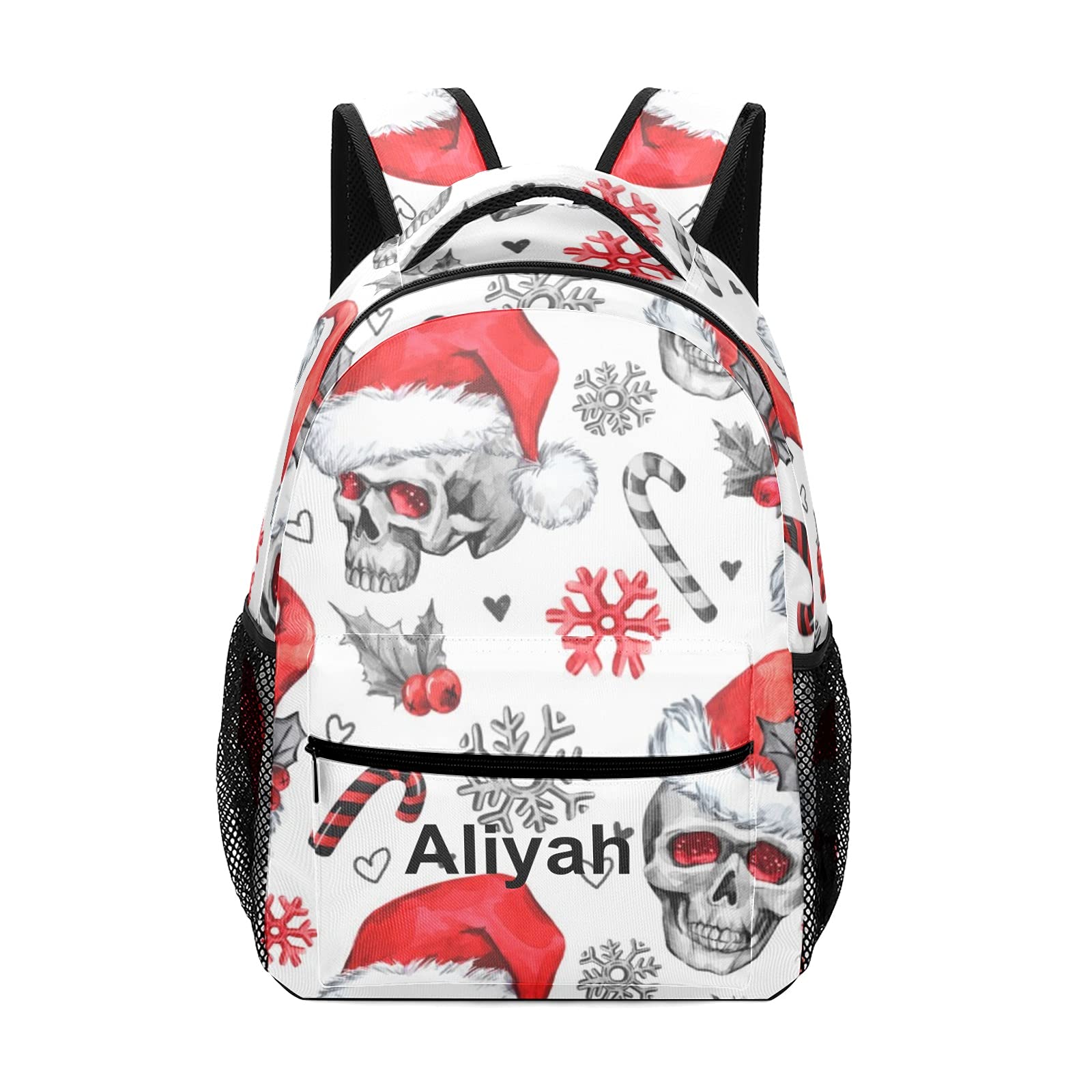 Personalized Santa Hat Skull Backpack - Custom Name Laptop Bag for Men & Women, Travel Daypack - Perfect for School, Work & Holiday Gifts