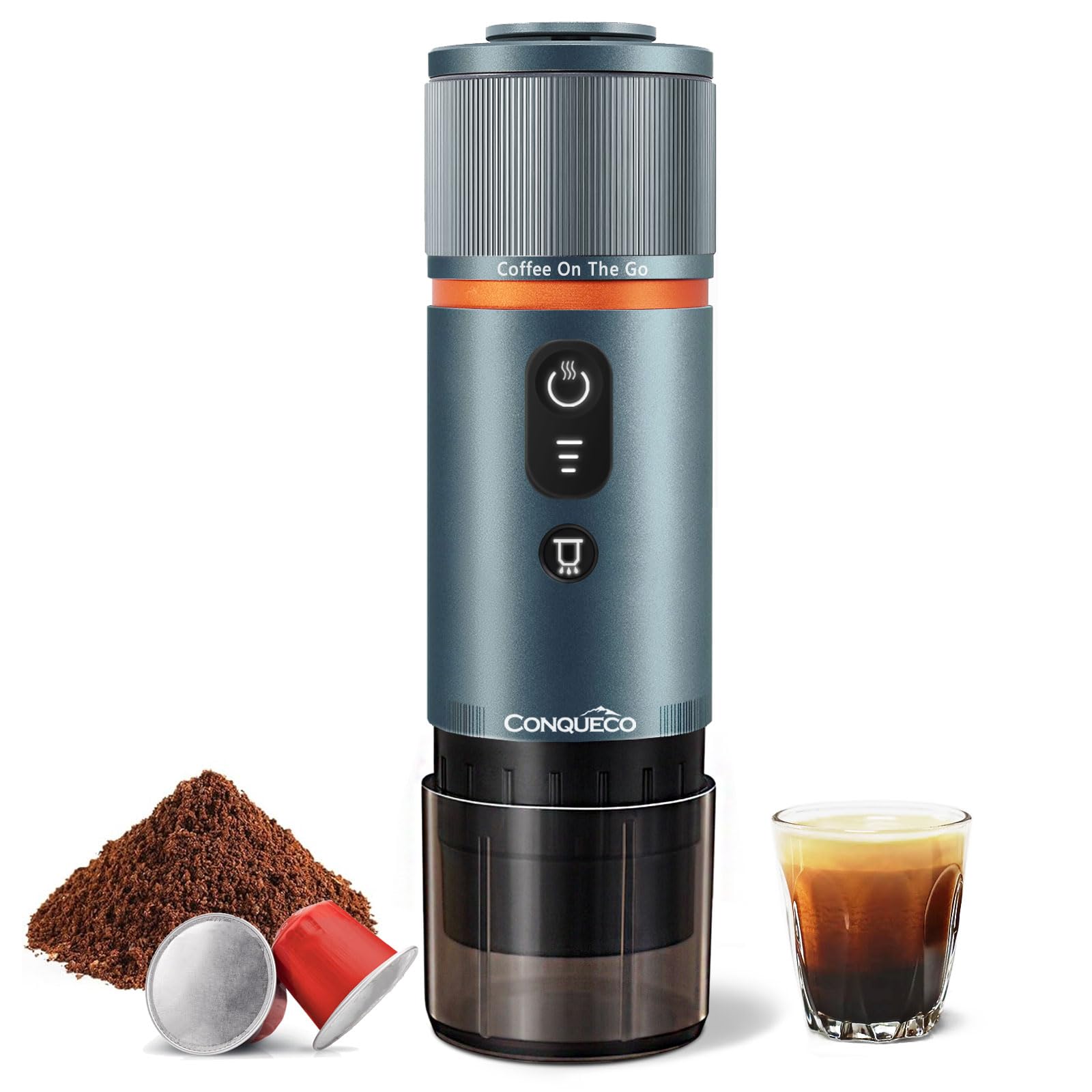 CONQUECO Portable Espresso Coffee Machine - 12V Electric Travel Espresso Maker with Self-Heating, 8 Cup Capacity, Battery Powered, Nespresso Capsule Compatible - Perfect for Camping, RV, Hiking, Office & Outdoor Adventures (Smoke Blue)