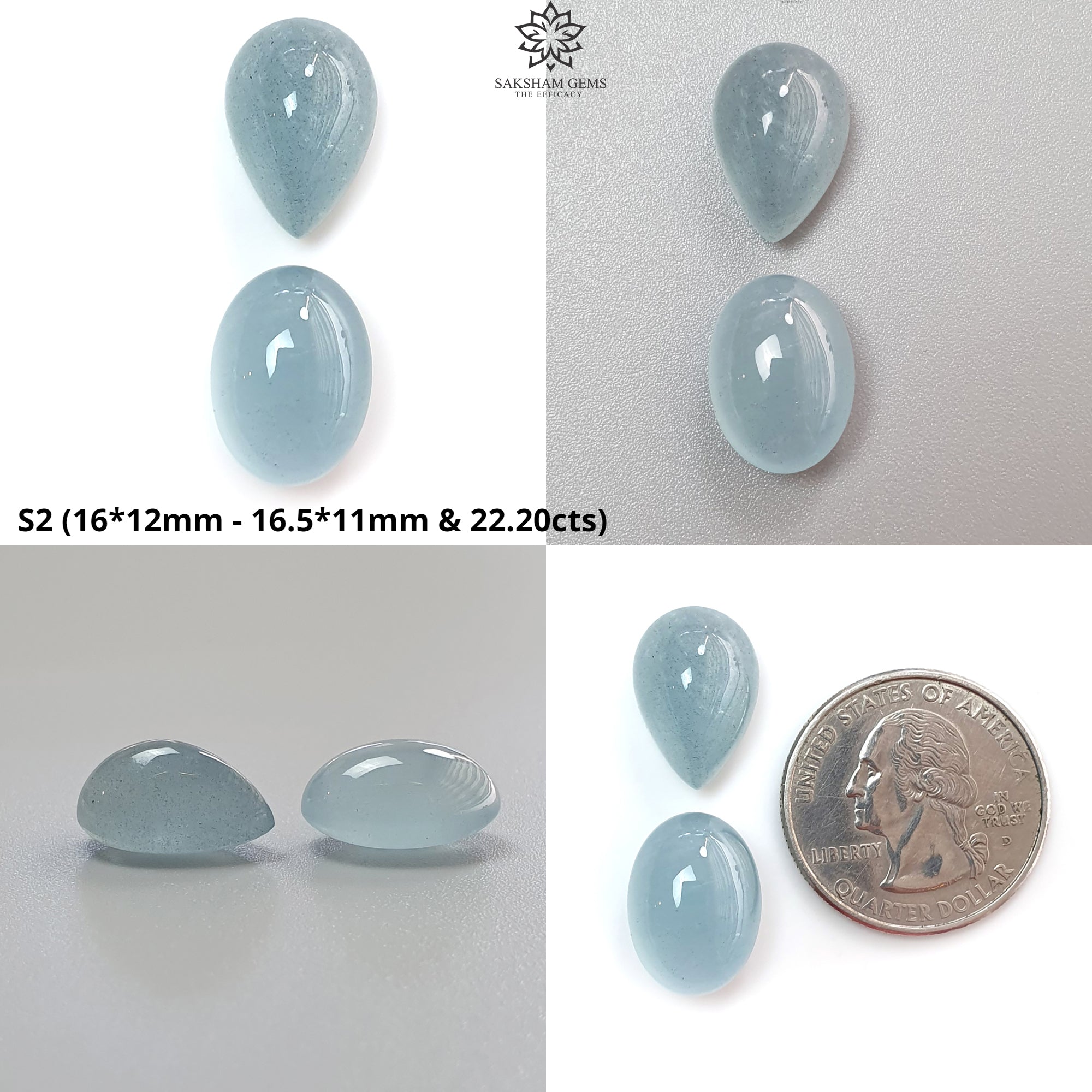 Natural Blue Aquamarine Gemstone Cabochon - Untreated Oval Pear & Cushion Shape 2pc Set for Jewelry Making, March Birthstone | Perfect for Rings, Necklaces, Earrings & DIY Crafts
