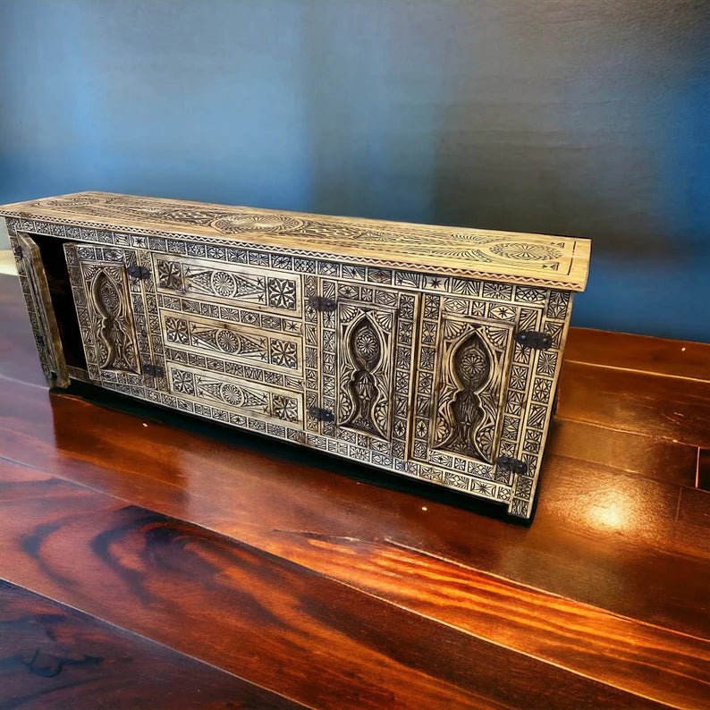 Hand Carved Wooden Sideboard Cabinet - 4 Door Storage Buffet Console Table for Dining Room, Living Room & Entryway - Rustic Farmhouse Furniture for Home Decor