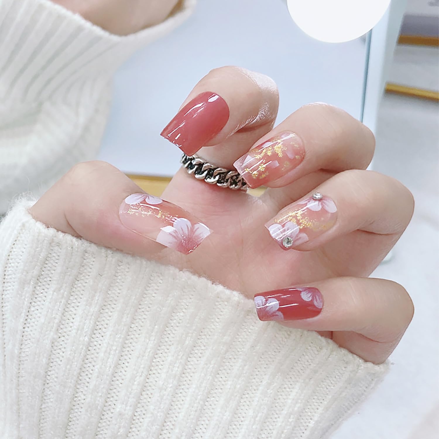 Vezocim 24Pcs Medium Length Square Press on Nails - Glossy Brown Acrylic Fake Nails with Flower & Rhinestone Designs, Full Cover Coffin False Nails with Glue Kit for Women | Perfect for Parties, Weddings, Date Nights & Special Occasions