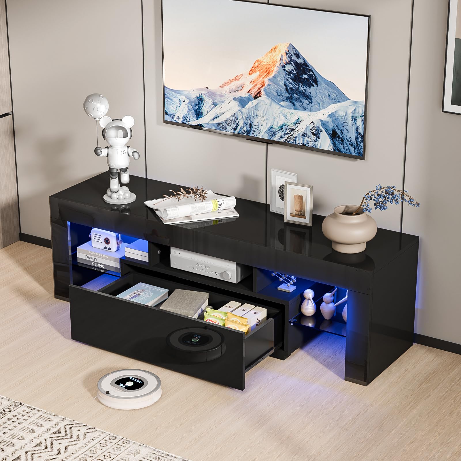 Bonnlo 60 Inch TV Stand with LED Lights - Modern Entertainment Center with Storage Shelves for Living Room, Bedroom & Home Theater - Fits TVs Up to 60