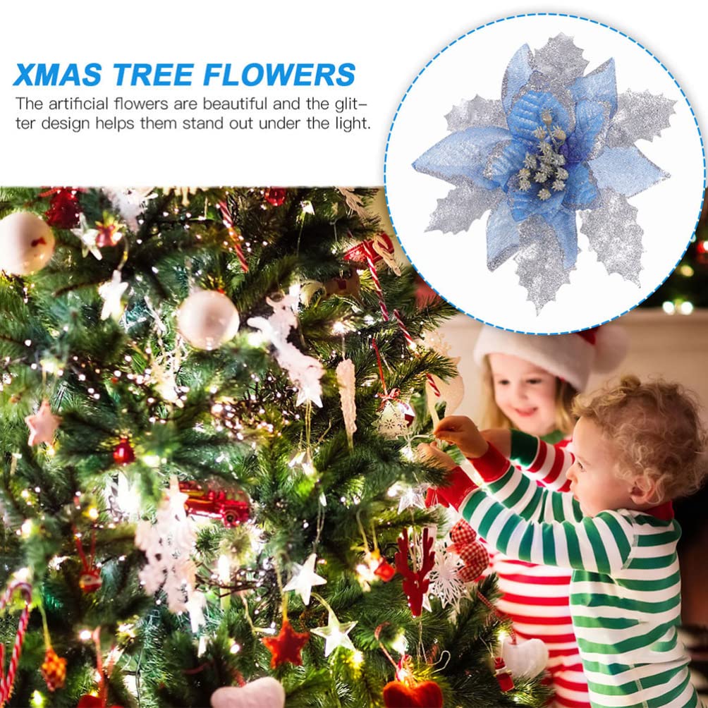 6pcs Blue Poinsettia Artificial Flowers - Christmas Decorative Wreath & Tree Ornaments for Holiday Home Decor, Party, Wedding, and Festive Events