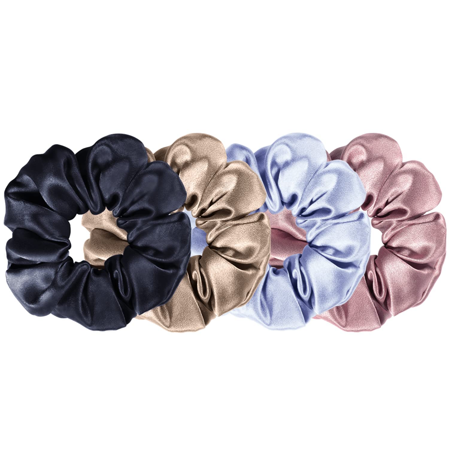 100% Pure Mulberry Silk Scrunchies for Women & Girls - Luxurious No Crease Hair Ties for Thick & Curly Hair (4 Pack - Black, Dark Blue, Light Champagne, Pink) | Perfect for Work, Gym, Travel & Everyday Elegant Hairstyles
