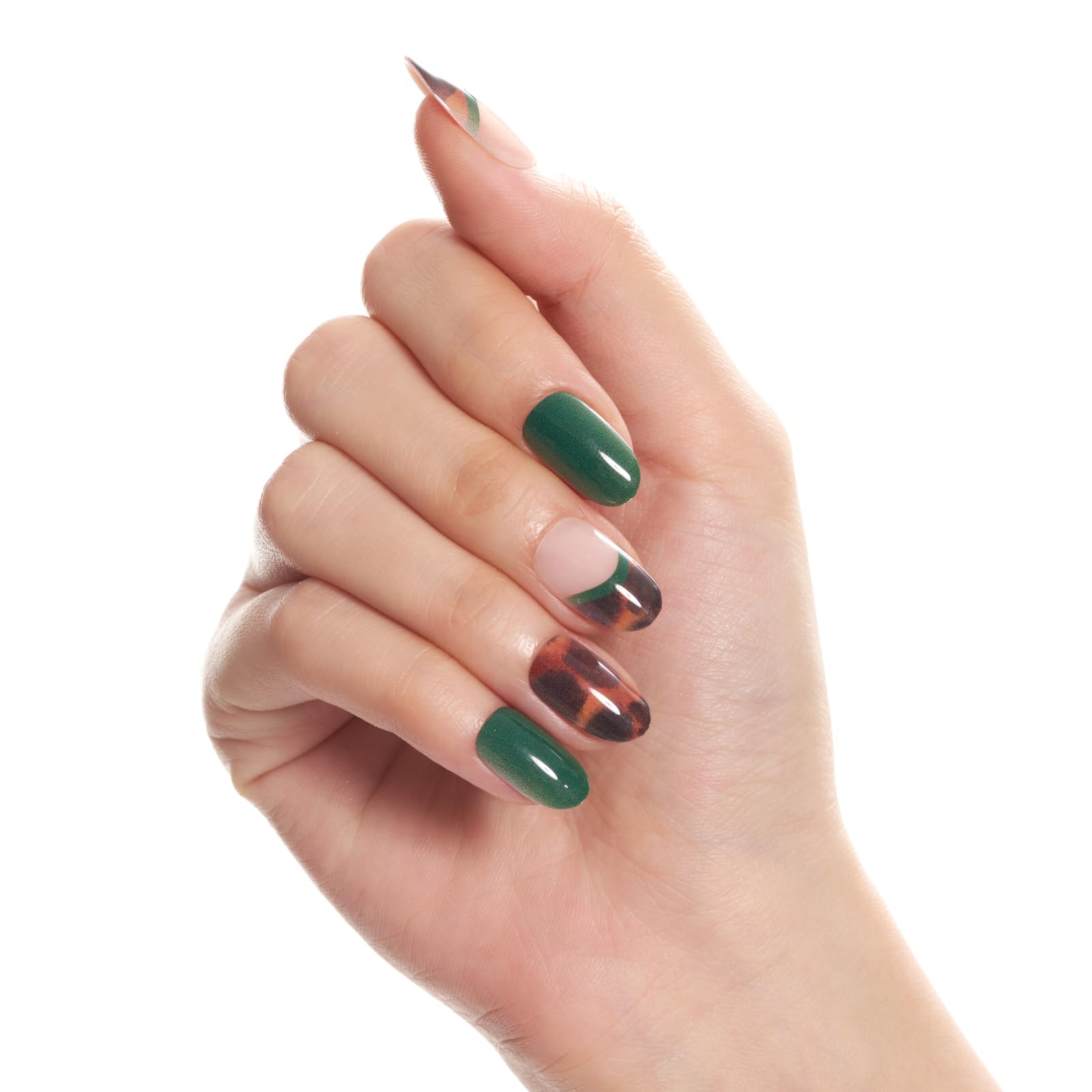 GLAMERMAID Short Almond Press-On Nails – Tortoiseshell Oval Fake Nails in Green, Brown & Amber French Tip Design | Marble Medium False Nails with UV Glossy Acrylic Finish | Easy Glue-On Nail Kits for Everyday Wear, Parties & Special Occasions