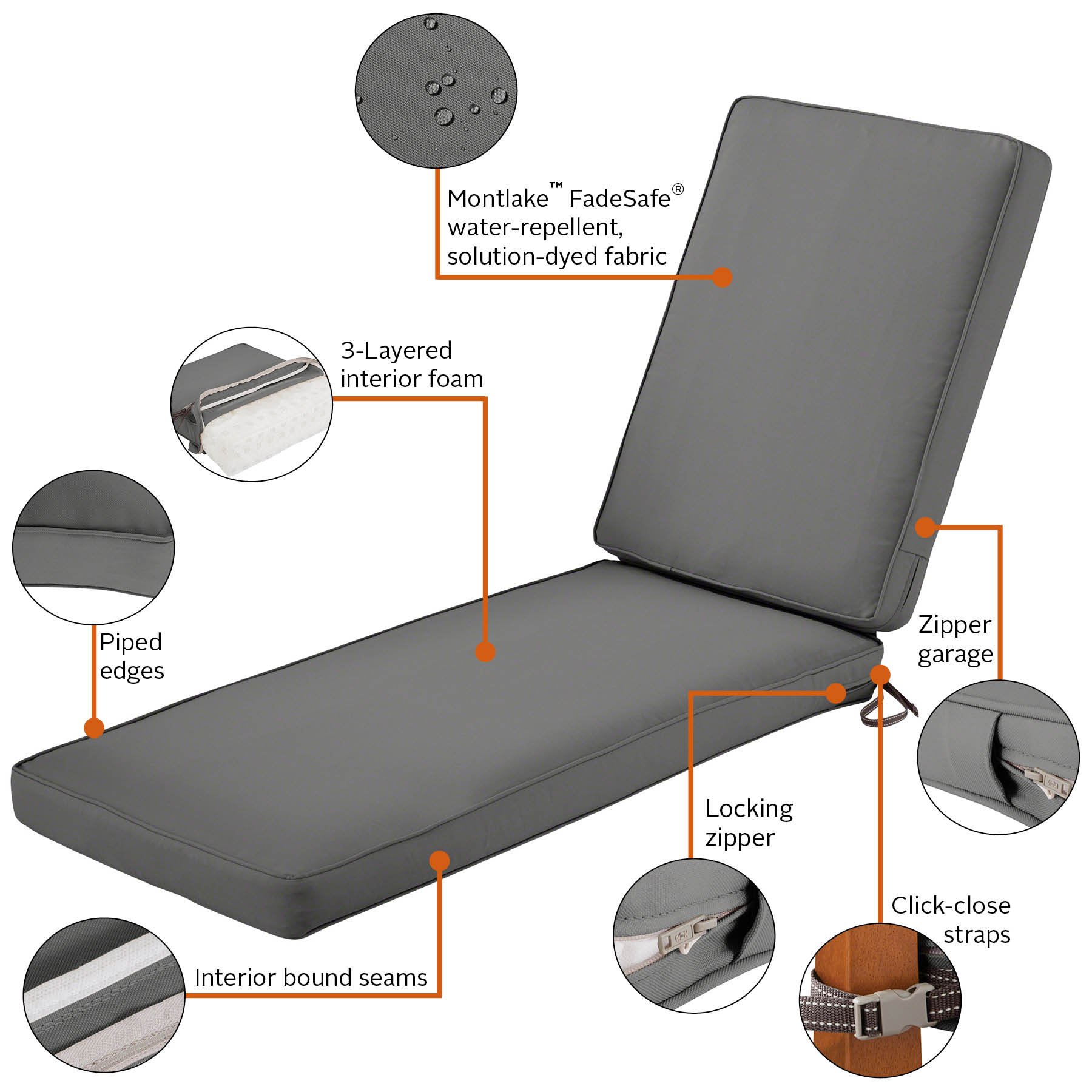Classic Accessories Montlake 80x26 Outdoor Chaise Lounge Cushion - FadeSafe, Water-Repellent, Light Charcoal - Perfect for Patio, Poolside, and Garden Relaxation