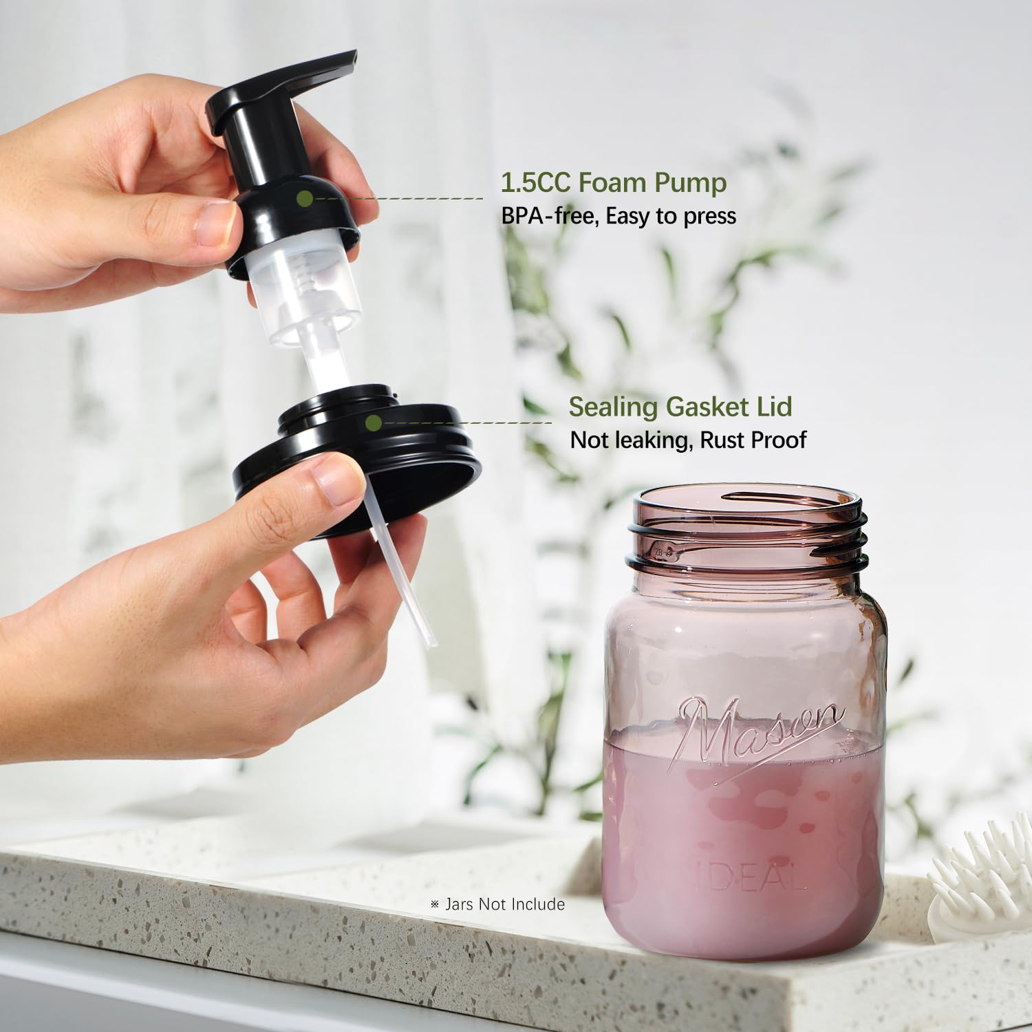 Amolliar Mason Jar Foaming Soap Dispenser Lids - 4 Pack Black Plastic Foam Pump Lids for Regular Mouth Jars | Farmhouse Kitchen & Bathroom Accessories | Includes Waterproof Stickers | Perfect for Hand Soap, Dish Soap & Shower Gel Dispensers