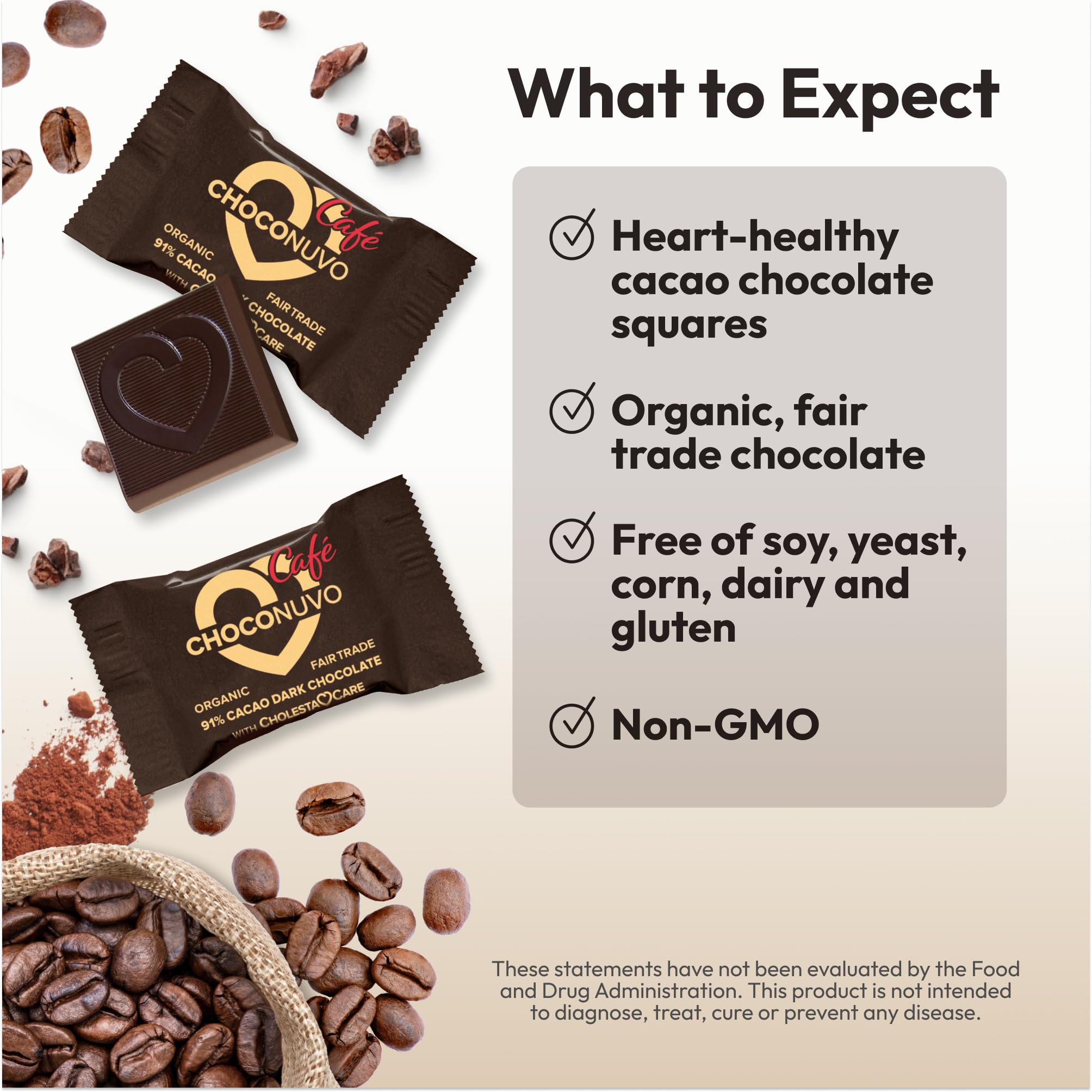 Organic Fair Trade Coffee-Flavored Dark Chocolate 91% Cacao - ANDREW LESSMAN ChocoNuvo Café 120 Pieces with Plant Sterols for Healthy Cholesterol Balance, Low Fat 25 Calorie Squares - Perfect for Gifts, Healthy Snacking & Coffee Pairing