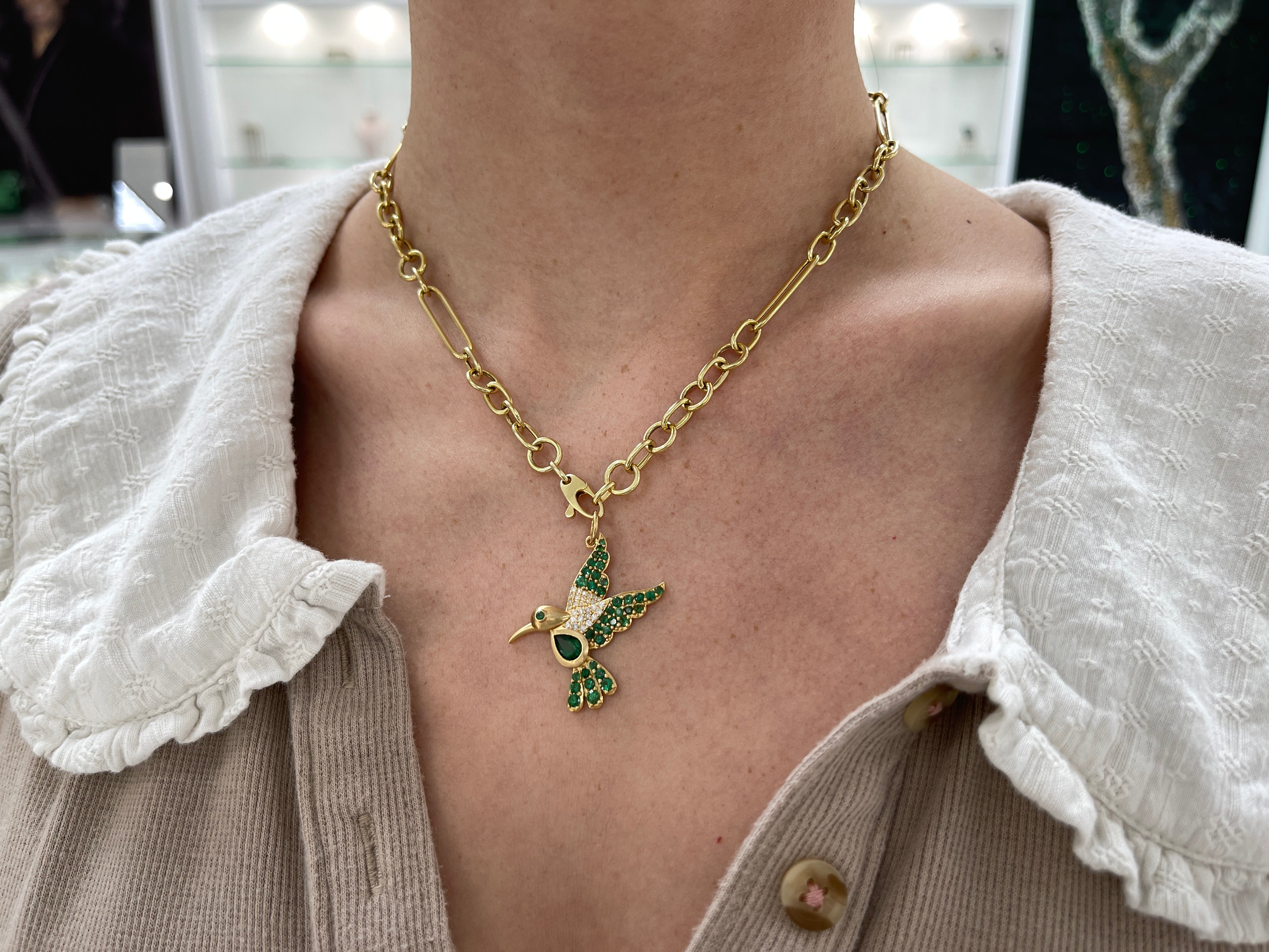 2.16tcw Natural Emerald & Diamond Hummingbird Pendant in 14K Gold - Elegant Jewelry Gift for Women, Perfect for Birthdays, Anniversaries & Special Occasions