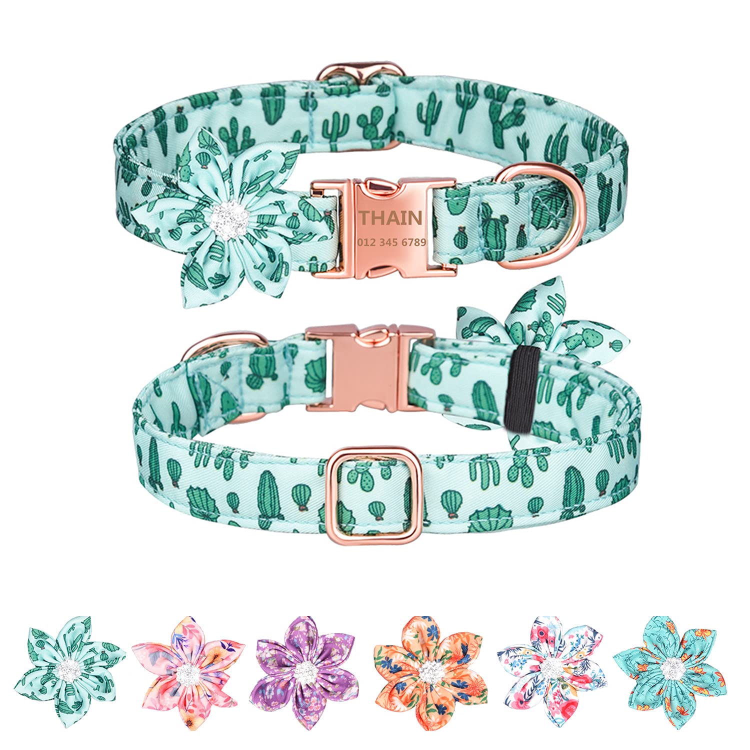 THAIN Personalized Floral Dog Collar for Female Dogs - Custom Engraved Pet Collar with Name & Rose Gold Buckle, Adjustable (10.2-16.5