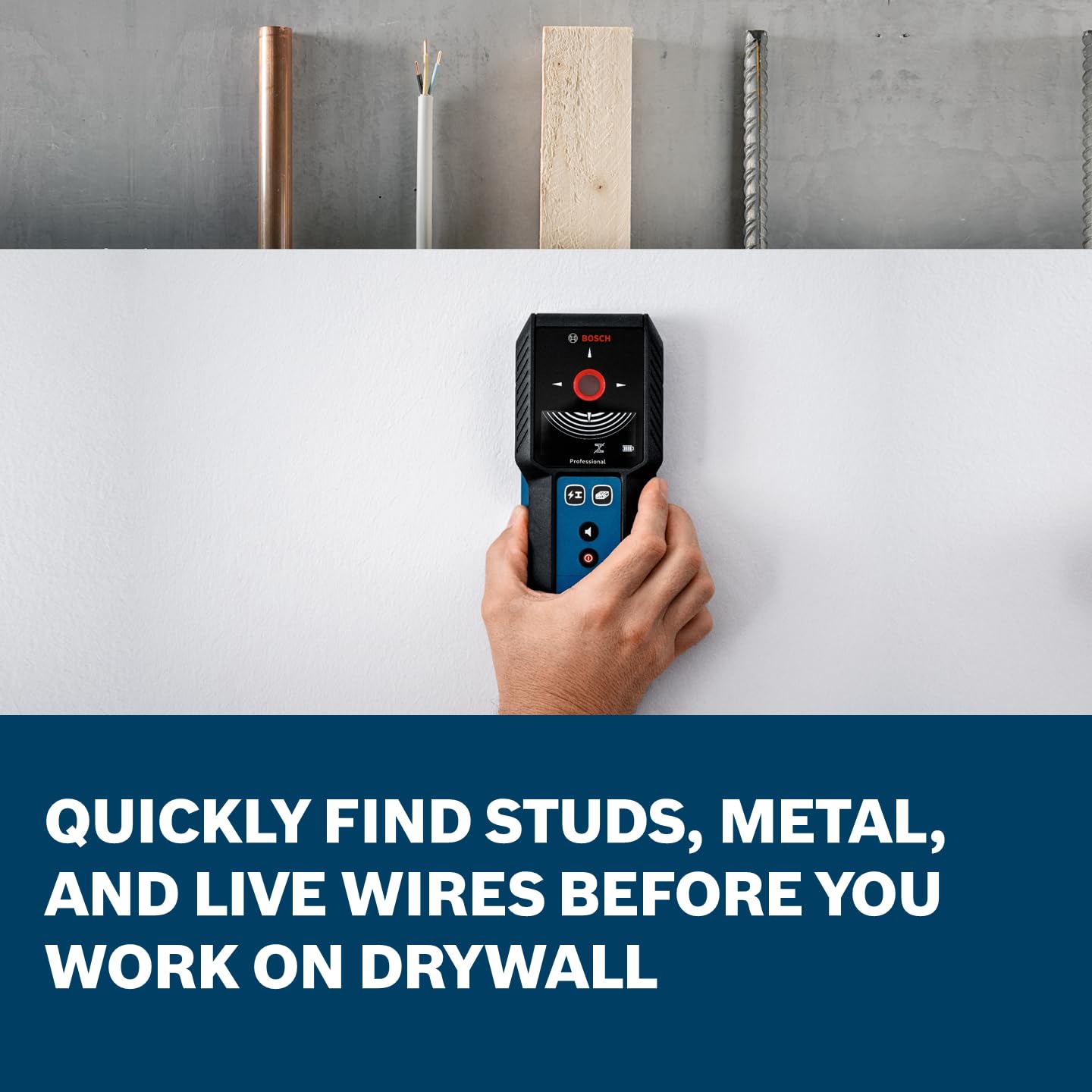 BOSCH GMS120-27 Professional Wall Scanner & Stud Finder - Detects Wood, Metal & Live Wires Behind Drywall - Includes 2 AA Batteries & Storage Pouch - Perfect for Home Renovation & DIY Projects