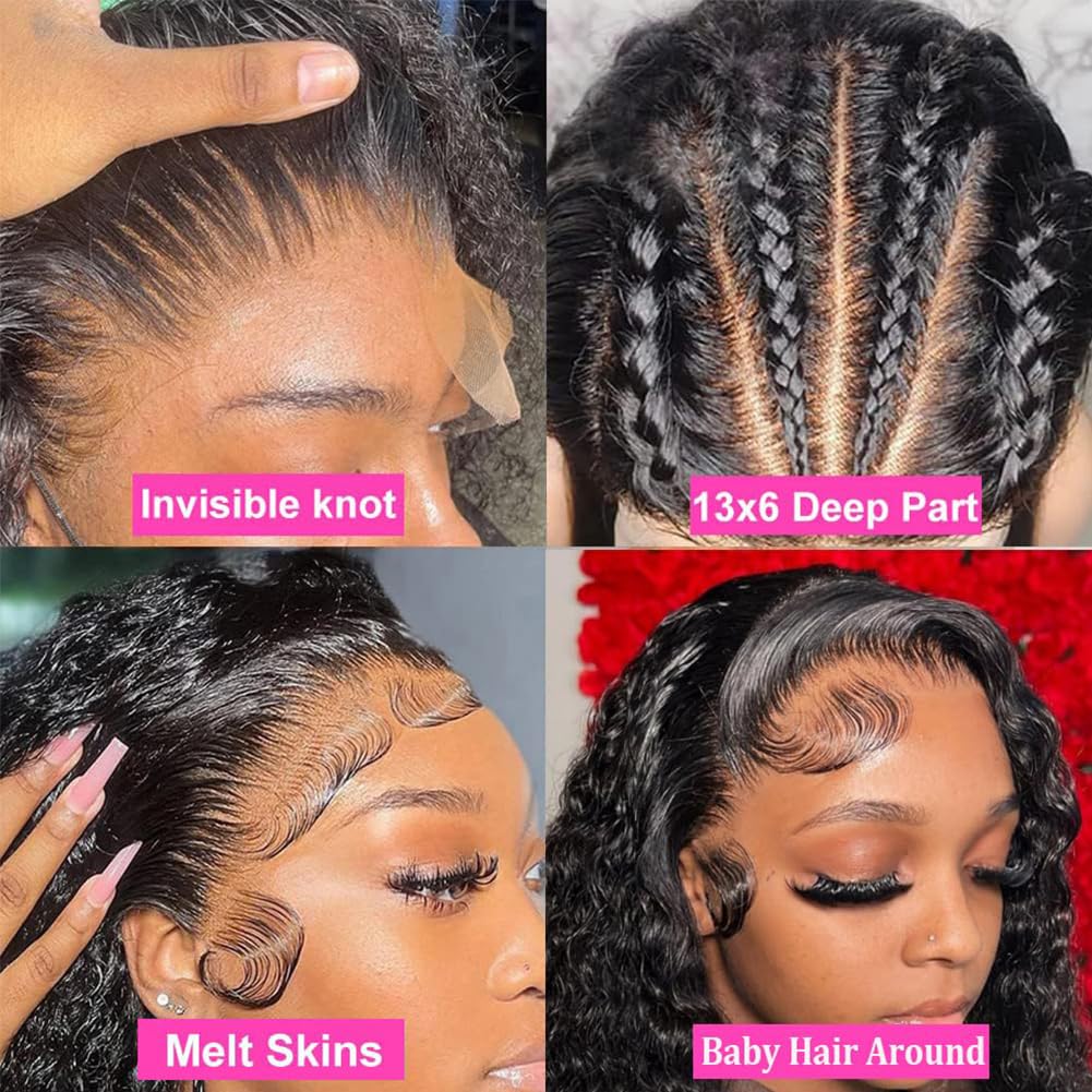 13x6 Deep Wave Lace Front Wigs Human Hair 32 Inch 200% Density HD Glueless Deep Curly Lace Frontal Wigs for Women - Pre Plucked with Baby Hair Natural Black | Perfect for Daily Wear, Parties, Cosplay & Special Occasions