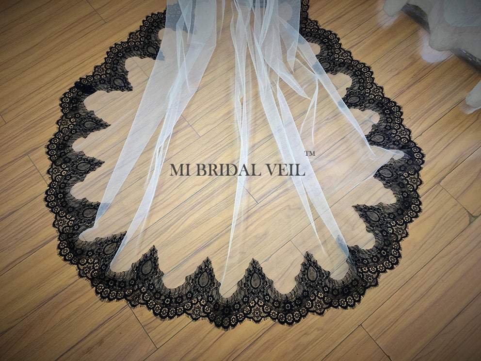 Elegant Black Lace Cathedral Wedding Veil with Delicate Bottom Lace Trim - Perfect for Bridal Dresses, Formal Weddings & Romantic Ceremonies