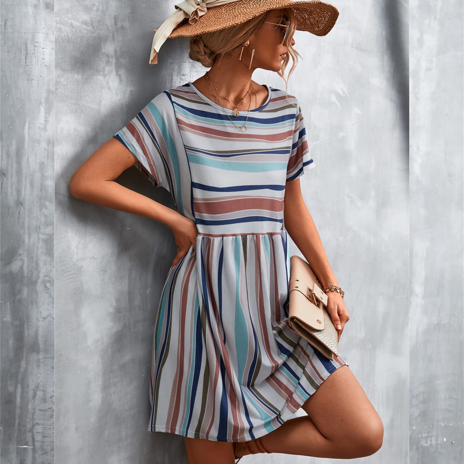 GOTOTOP Women's Striped Short Sleeve Casual Dress - Round Neck Loose Midi Summer Dress for Beach, Vacation & Everyday Wear
