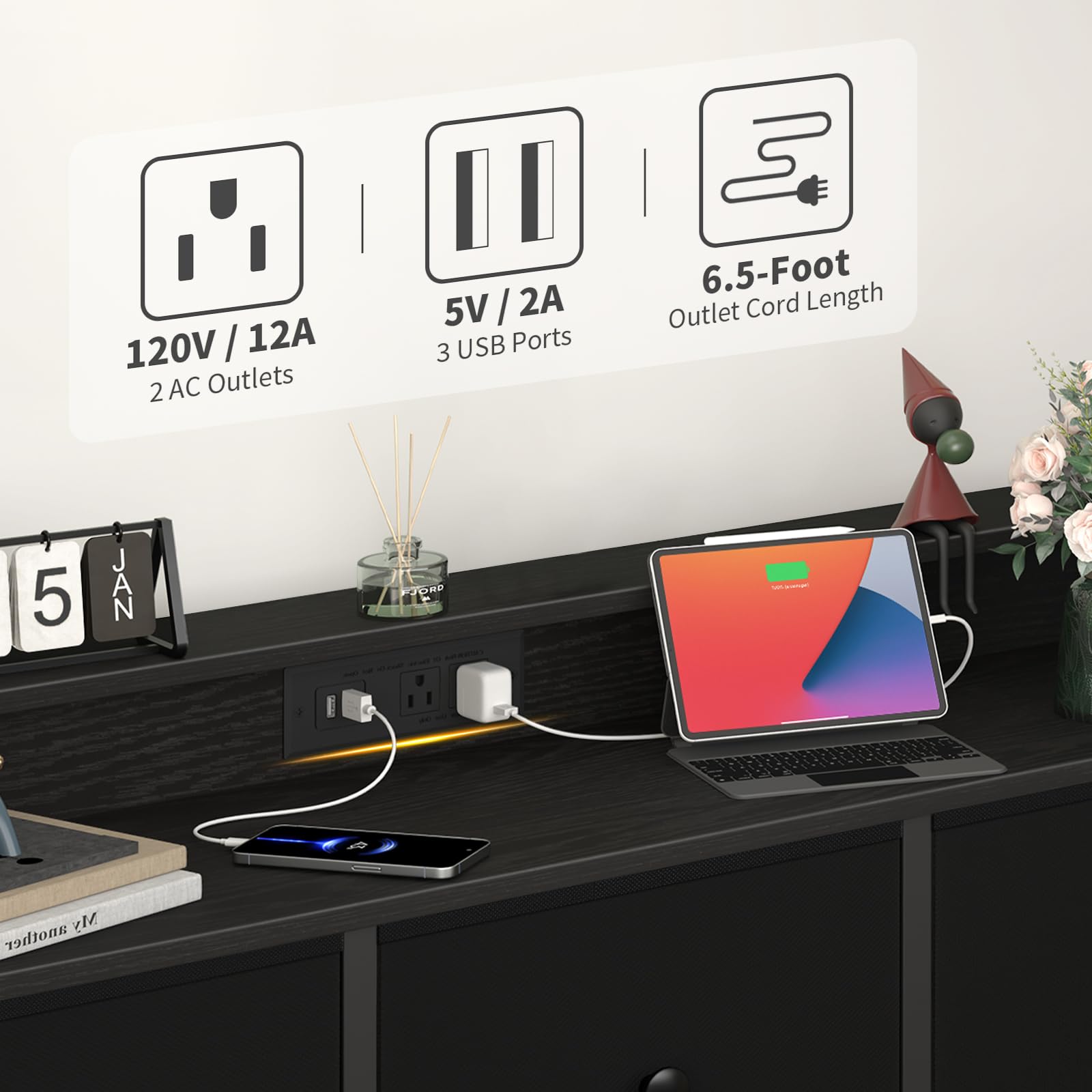 Yoobure 10-Drawer Tall Dresser with Charging Station & LED Lights - Black Fabric Bedroom Storage Organizer, TV Stand & Closet Dresser for Modern Home Decor | Perfect for Small Spaces, Dorm Rooms & Apartment Living