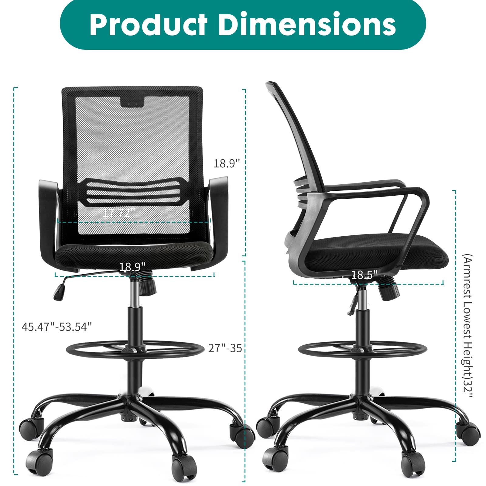 OLIXIS Adjustable Drafting Chair - Ergonomic Standing Office Chair with Lumbar Support, Height Adjustable & Breathable Mesh Seat, Foot Ring - Dark Black for Architects, Designers & Home Office Use