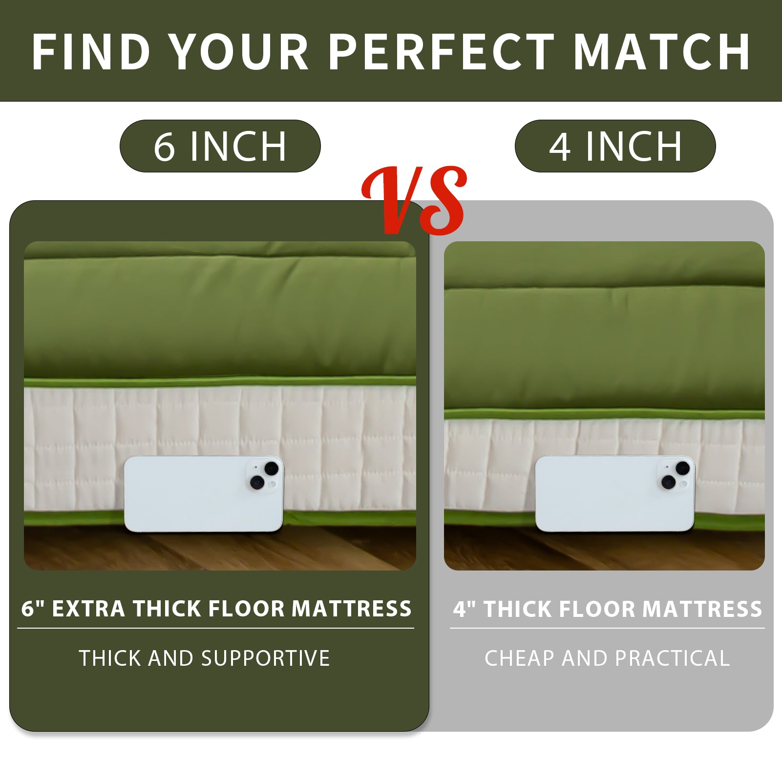 MAXYOYO 6-Inch Extra Thick Floor Futon Mattress - Green - Perfect for Guest Beds, Dorm Rooms & Small Space Living