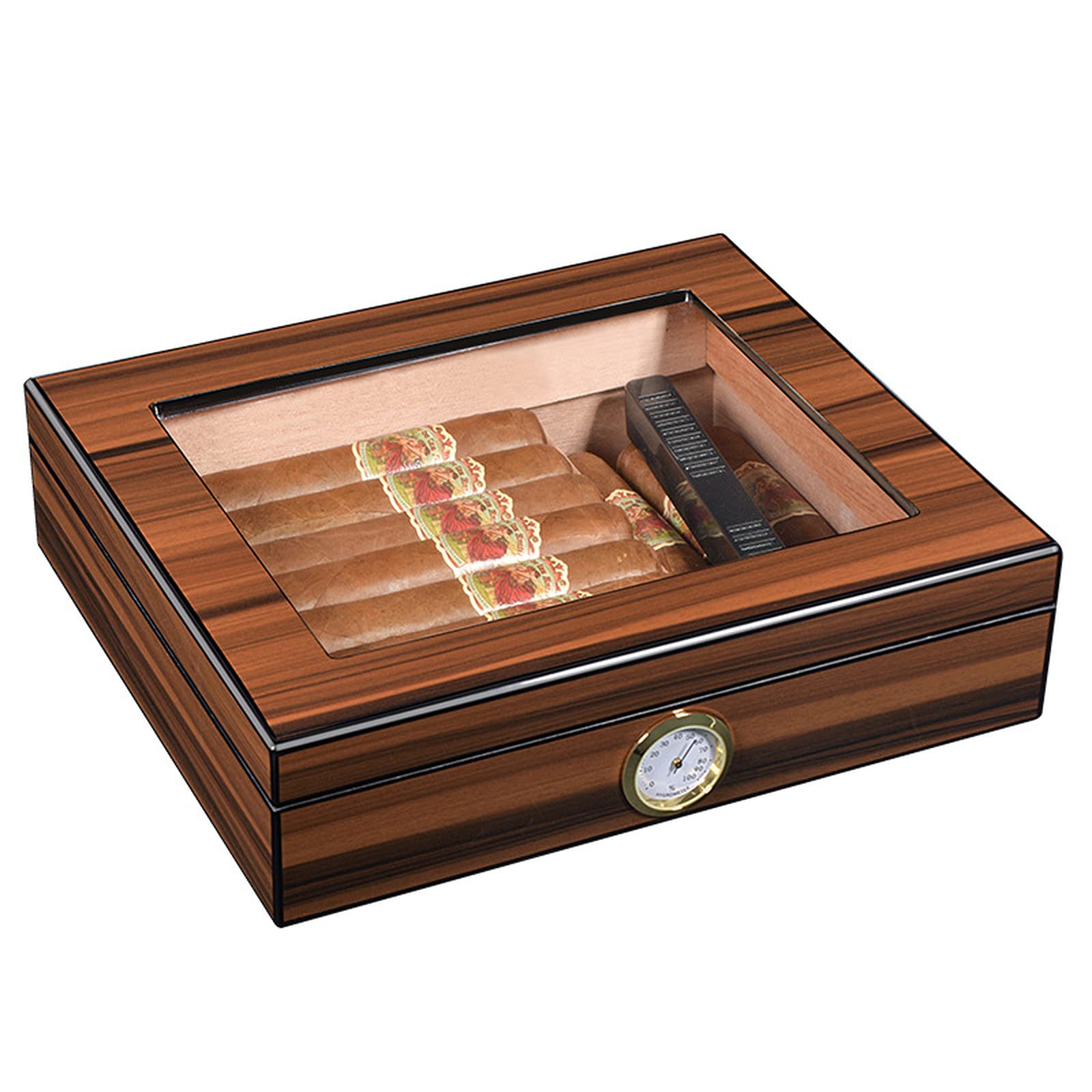 Premium Spanish Cedar Wood Humidor Cigar Box with Glass Top - Holds 30-35 Cigars, Built-in Hygrometer & Humidifier - Ideal Cigar Storage Case for Men, Perfect Gift for Father's Day, Birthday & Special Occasions - Great for Home, Office or Man Cave Display