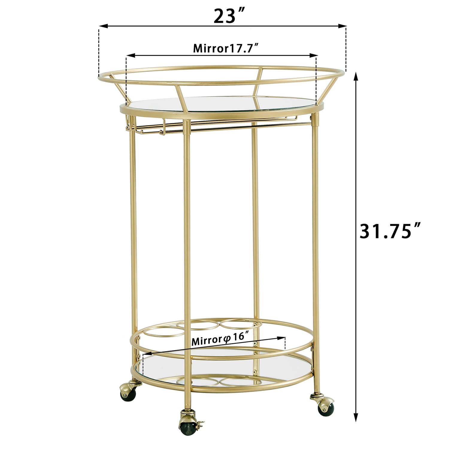 Gold Rolling Bar Cart with 2 Mirrored Shelves & Lockable Casters - FLORA Round Serving Cart for Wine, Kitchen, Living Room | Mobile Storage Solution for Parties, Home Decor & Entertaining