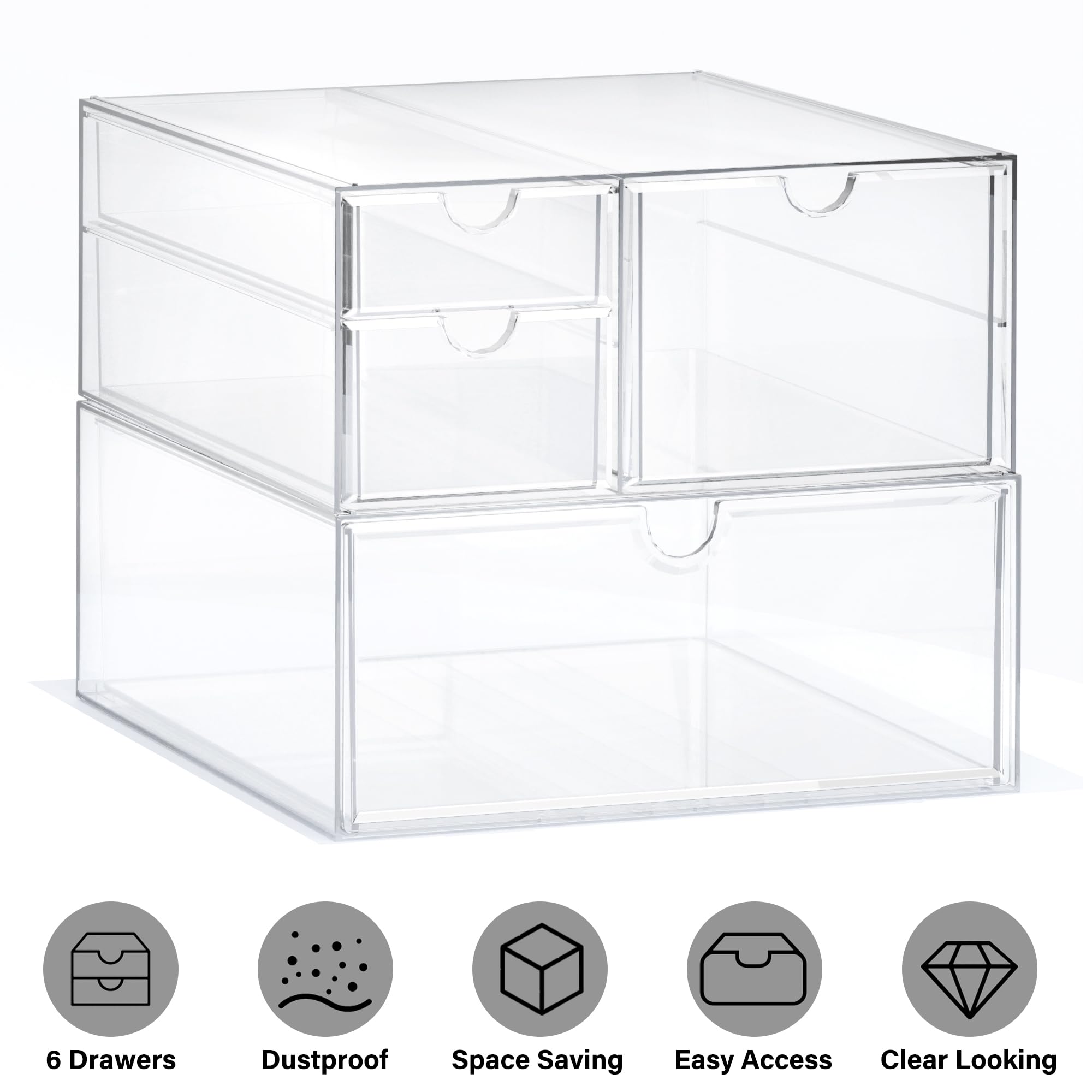 PRSILDAN 4-Drawer Acrylic Makeup Organizer Set of 2 - Clear Stackable Storage Drawers for Vanity, Office Desk, Countertop | Perfect for Cosmetics, Jewelry, Art Supplies & Craft Organization | Space-Saving Solution for Bedroom, Bathroom & Workspace