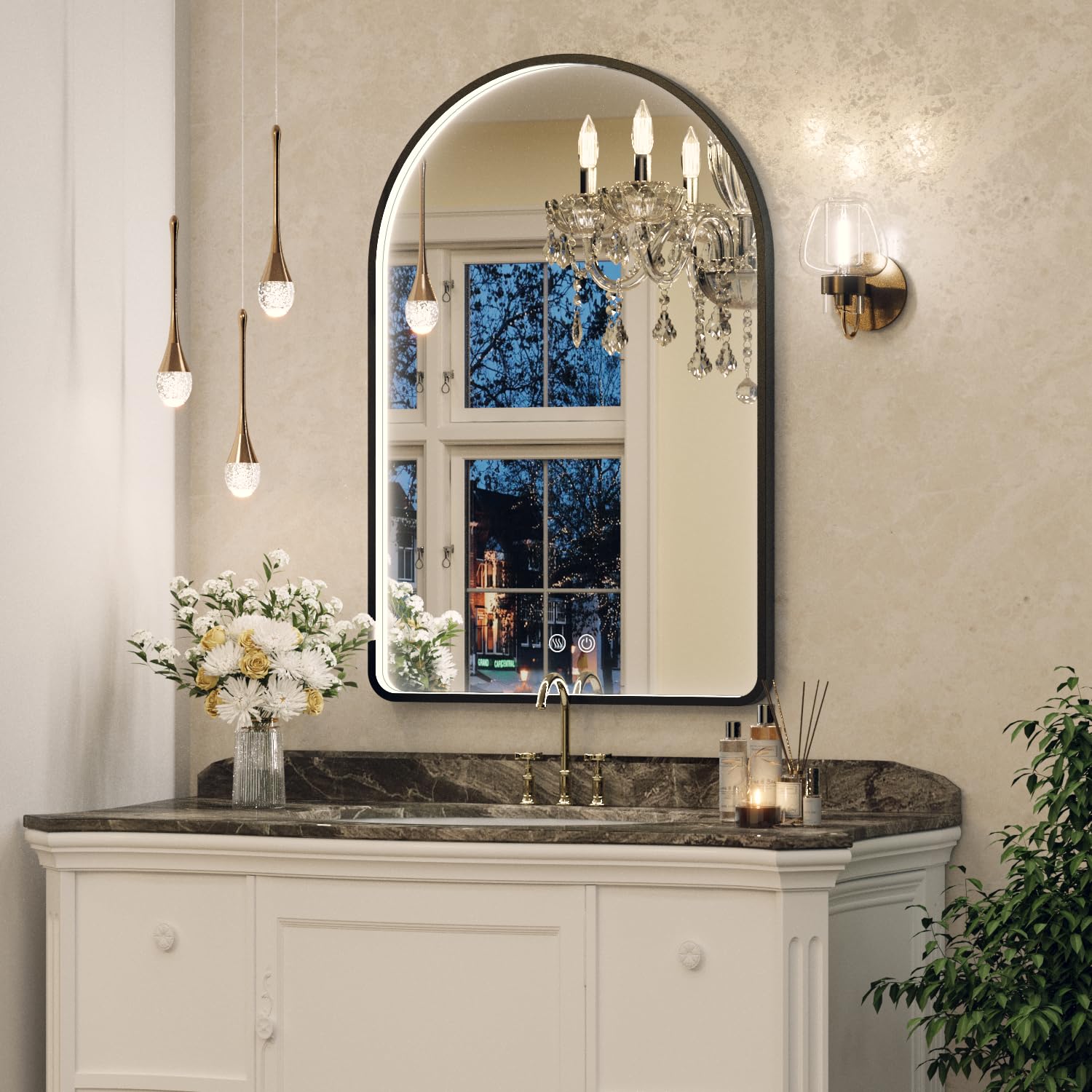 20X30 Inch Arched LED Bathroom Mirror with Anti-Fog & Dimmable Lights - Black Framed Vanity Mirror for Makeup, Shaving and Home Decor