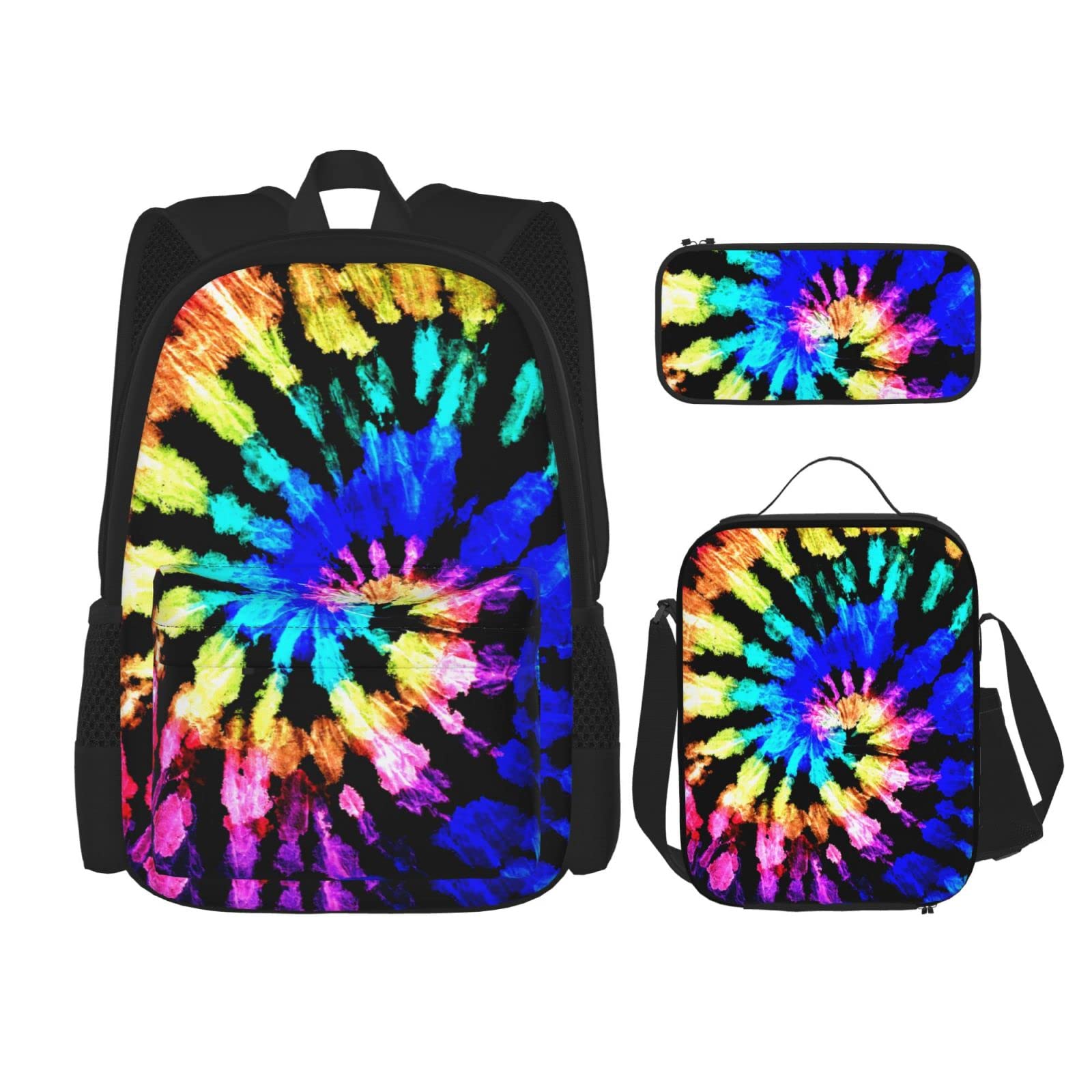 3 PCS Rainbow Tie Dye Backpack Set With Lunch Bag & Pencil Case - Cute School Book Bag for Girls & Boys - Perfect for School, Travel, and Outdoor Adventures