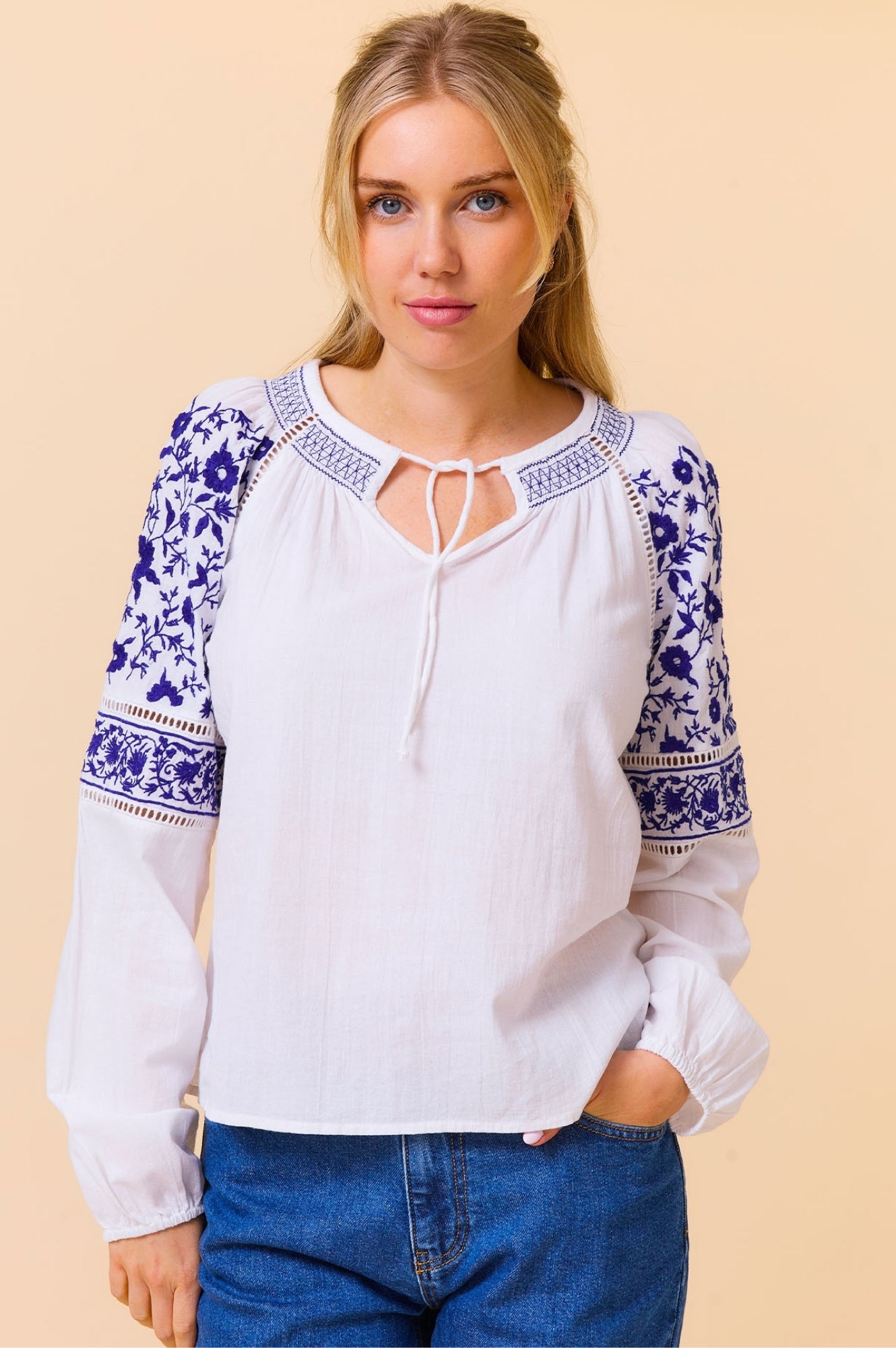 Ida Embroidered Top for Women - White & Cobalt Blue Floral Blouse | Perfect for Casual Wear, Office Outfits & Summer Fashion